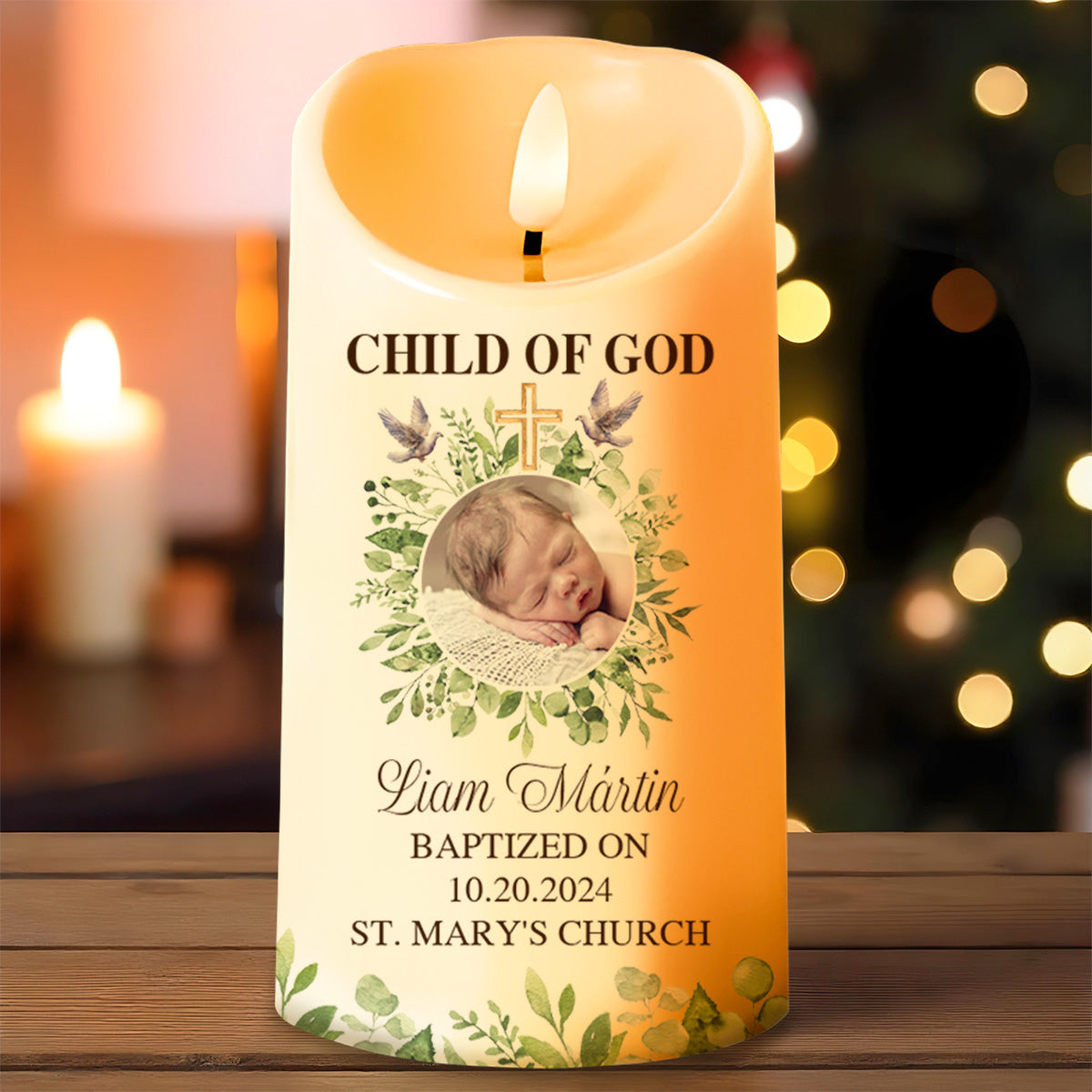 Child Of God Baptism Candle With Cross And Leaves - Personalized Custom LED Candle - KID014_LECA