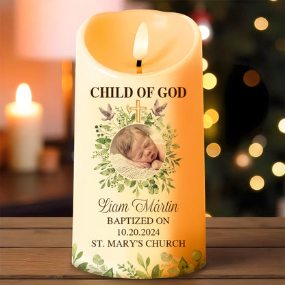 Child Of God Baptism Candle With Cross And Leaves - Personalized Custom LED Candle - KID014_LECA
