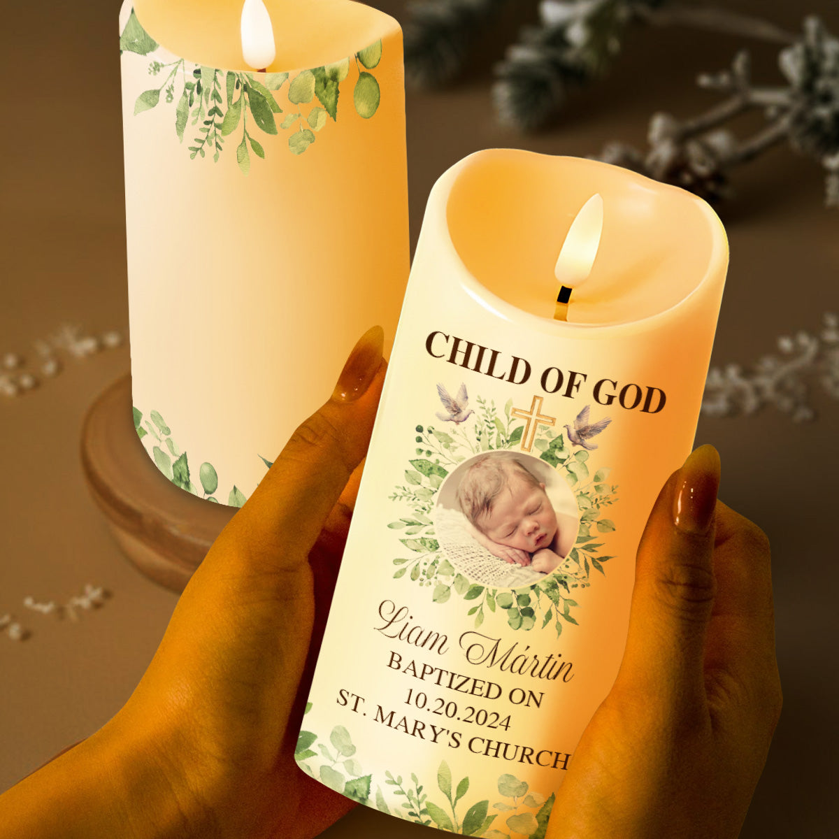 Child Of God Baptism Candle With Cross And Leaves - Personalized Custom LED Candle - KID014_LECA