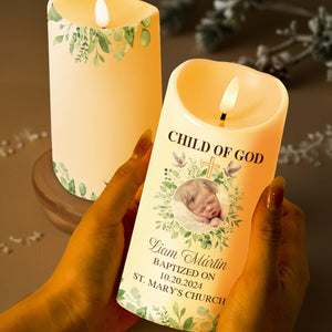 Child Of God Baptism Candle With Cross And Leaves - Personalized Custom LED Candle - KID014_LECA