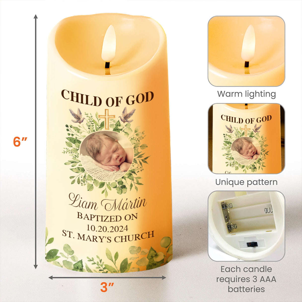 Child Of God Baptism Candle With Cross And Leaves - Personalized Custom LED Candle - KID014_LECA