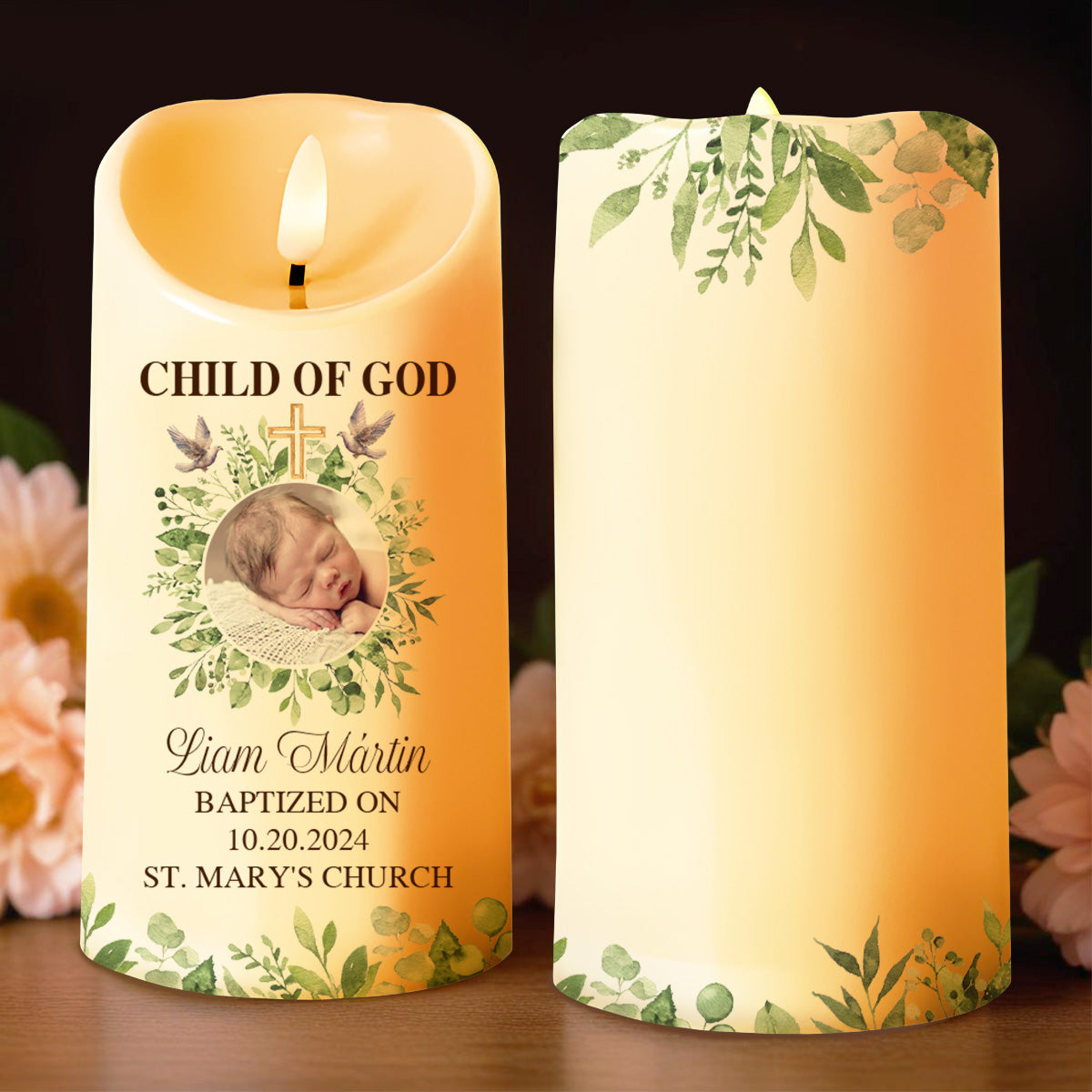 Child Of God Baptism Candle With Cross And Leaves - Personalized Custom LED Candle - KID014_LECA