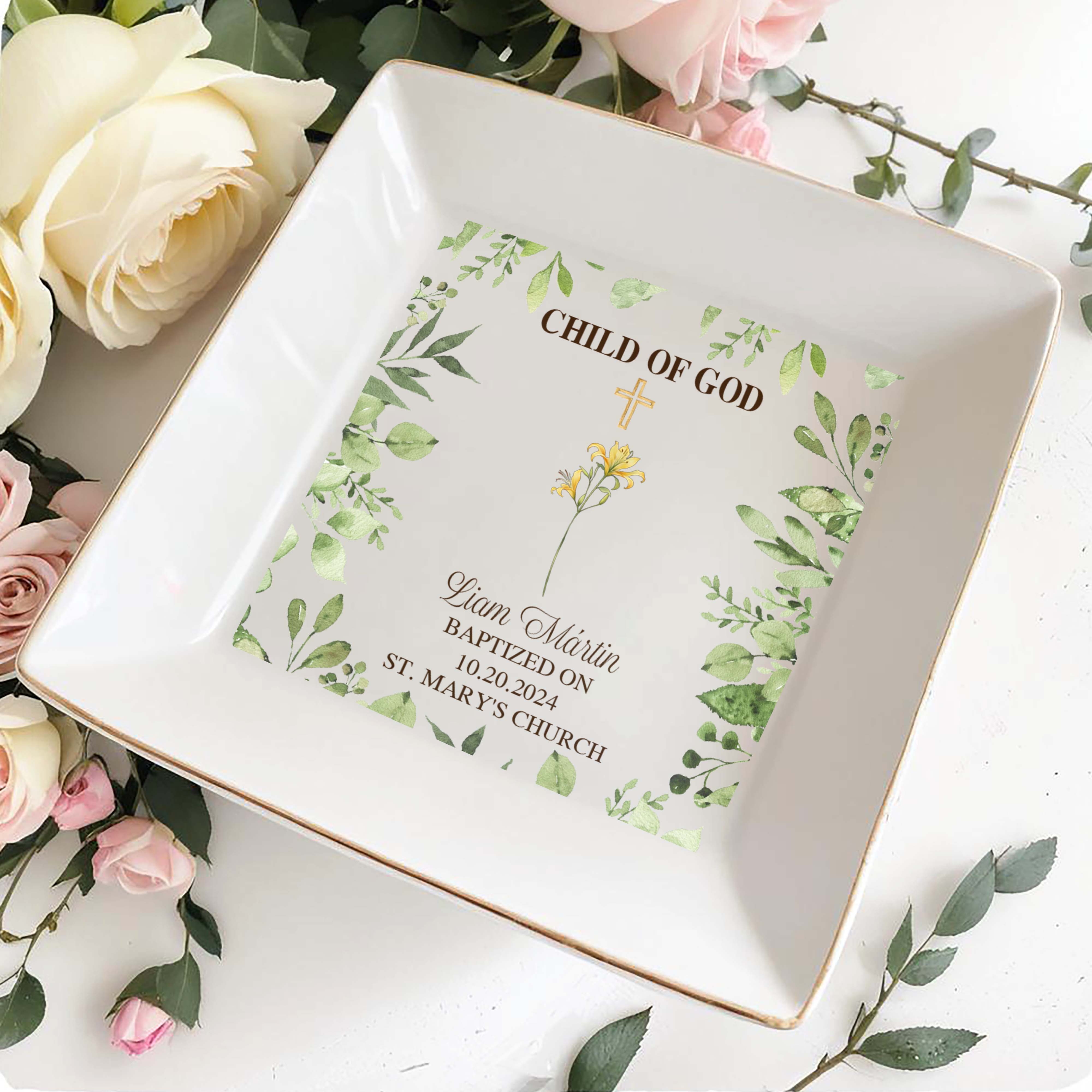 Child Of God Baptism Decorative Jewelry Dish - Personalized Custom Jewelry Dish - KID014_SCRD