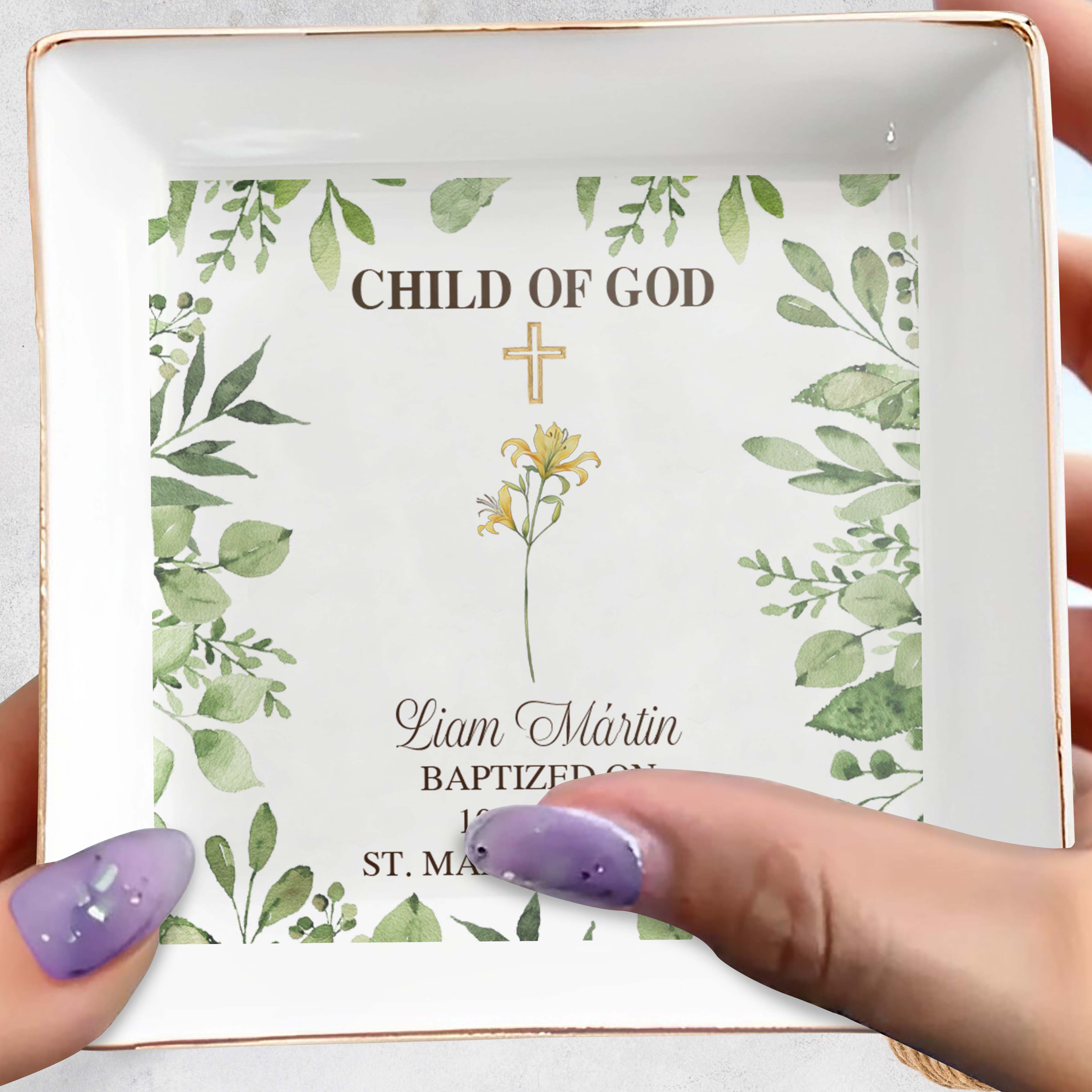 Child Of God Baptism Decorative Jewelry Dish - Personalized Custom Jewelry Dish - KID014_SCRD