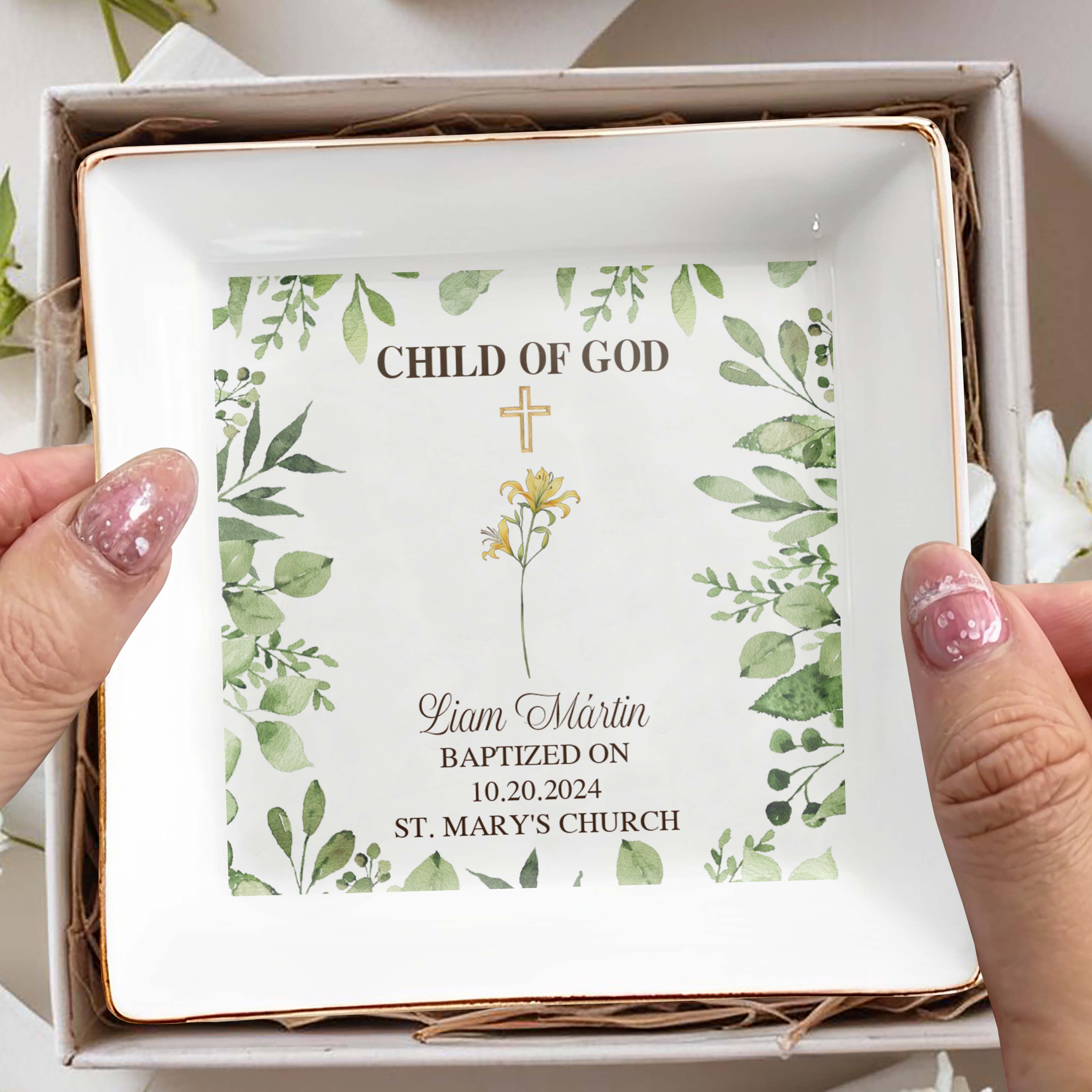 Child Of God Baptism Decorative Jewelry Dish - Personalized Custom Jewelry Dish - KID014_SCRD