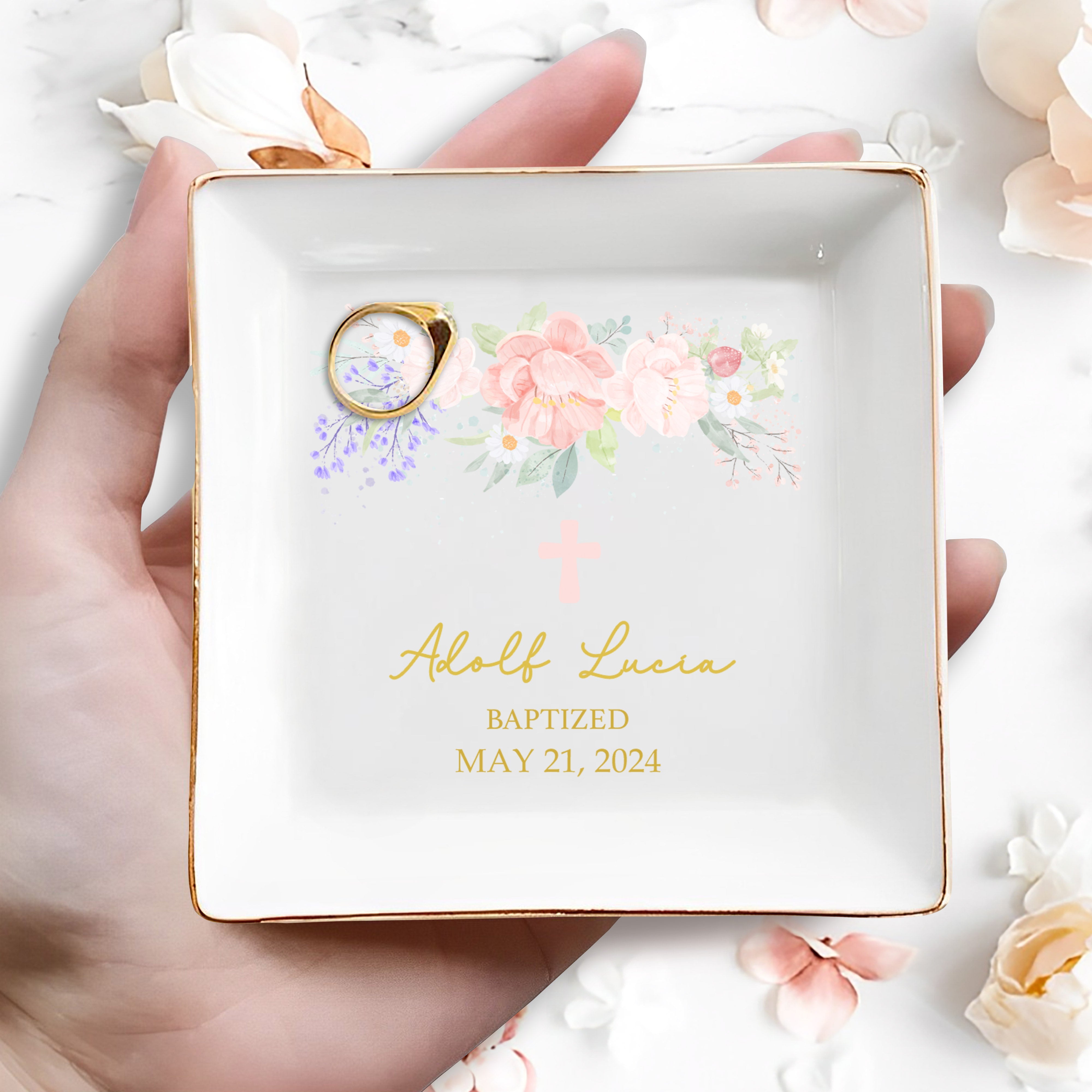 Celebrate Your Special Day Baptized In Love And Faith With Flowers - Personalized Custom Jewelry Dish - KID015_SCRD