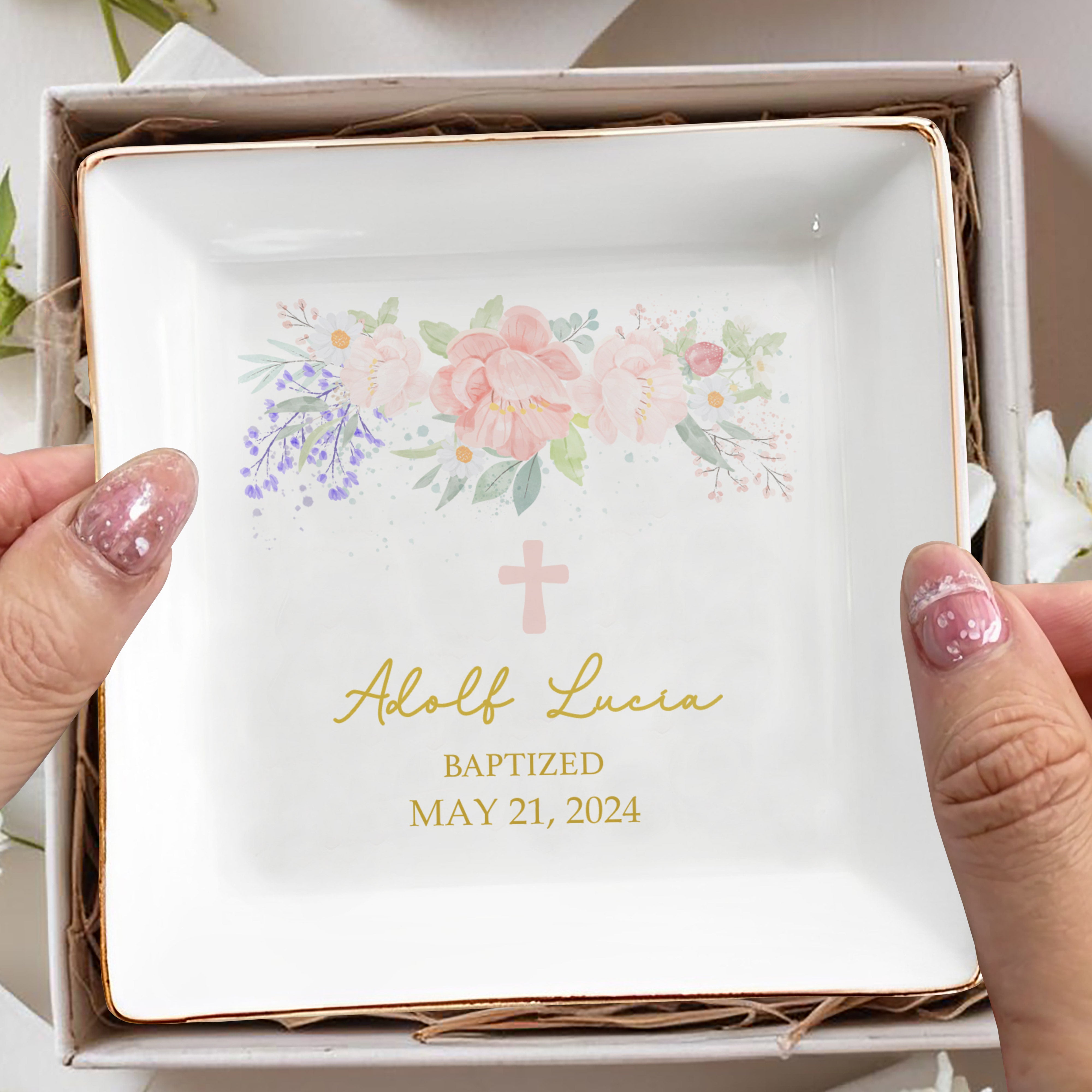 Celebrate Your Special Day Baptized In Love And Faith With Flowers - Personalized Custom Jewelry Dish - KID015_SCRD