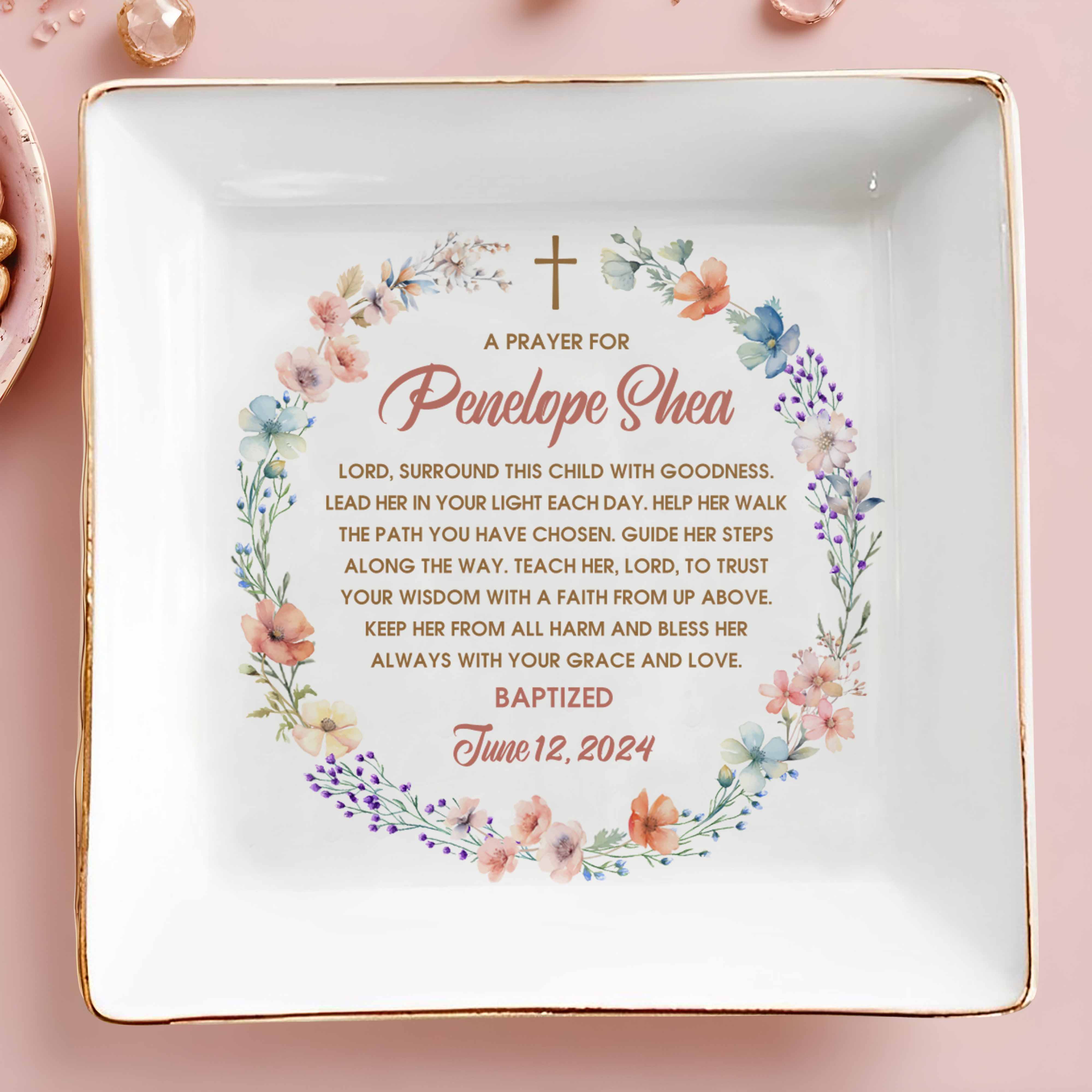 Grace And Love Blessing Cross And Flowers Design - Personalized Custom Jewelry Dish - KID016_SCRD