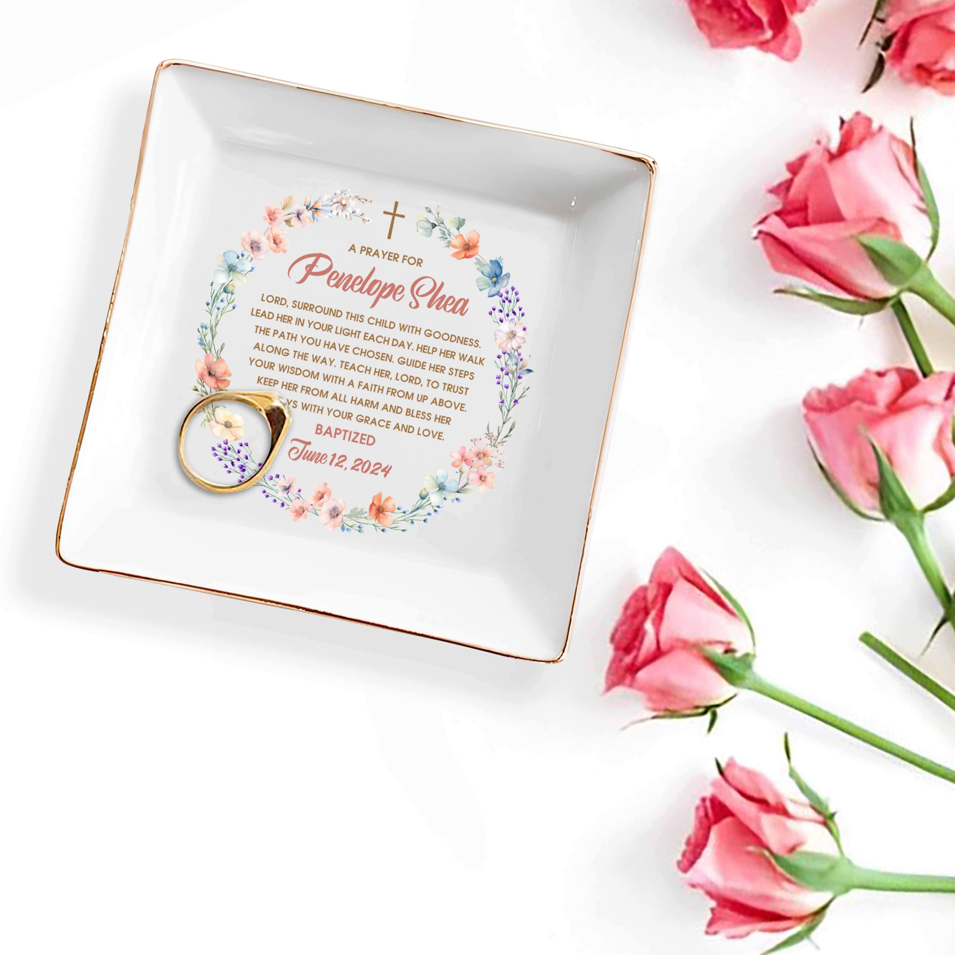 Grace And Love Blessing Cross And Flowers Design - Personalized Custom Jewelry Dish - KID016_SCRD
