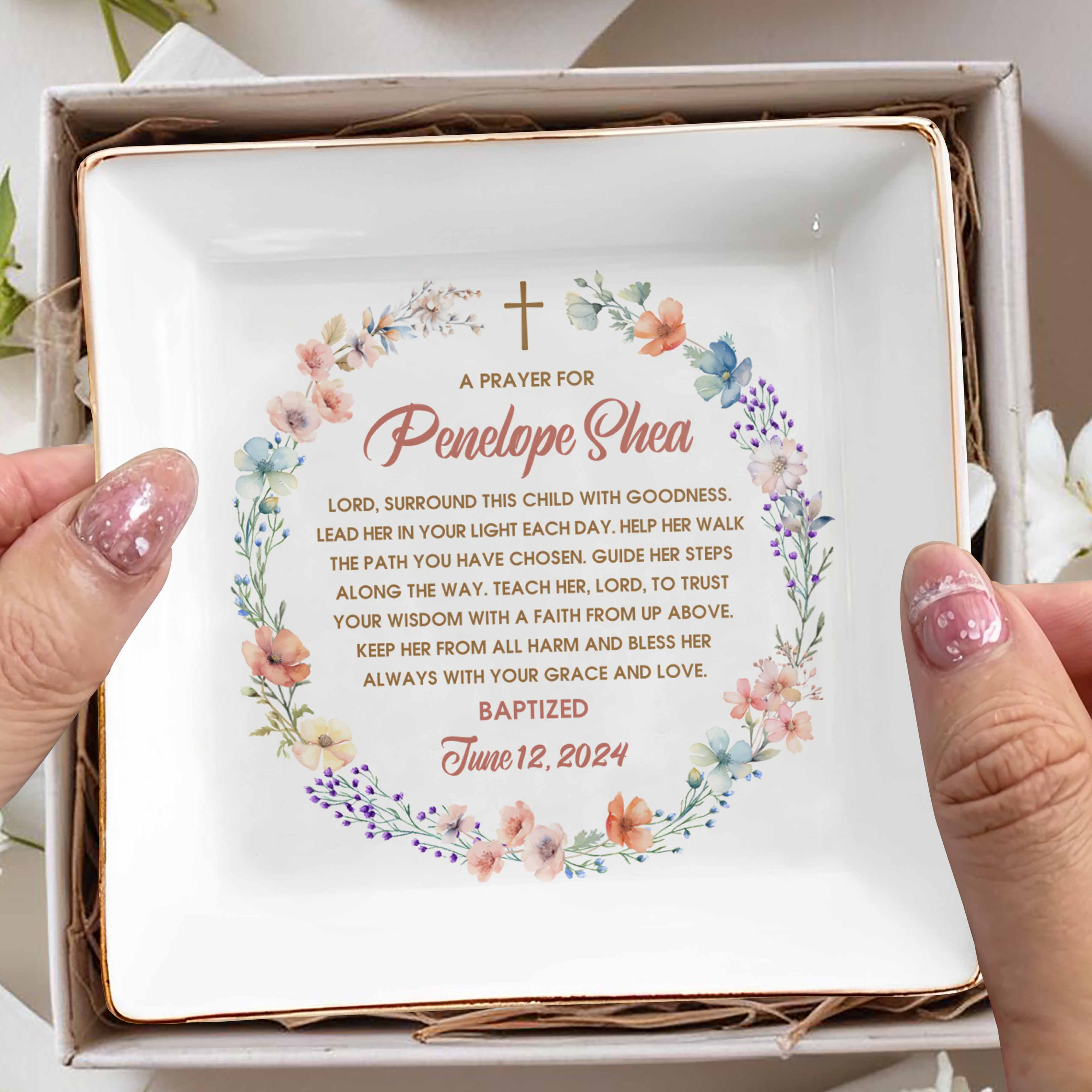 Grace And Love Blessing Cross And Flowers Design - Personalized Custom Jewelry Dish - KID016_SCRD
