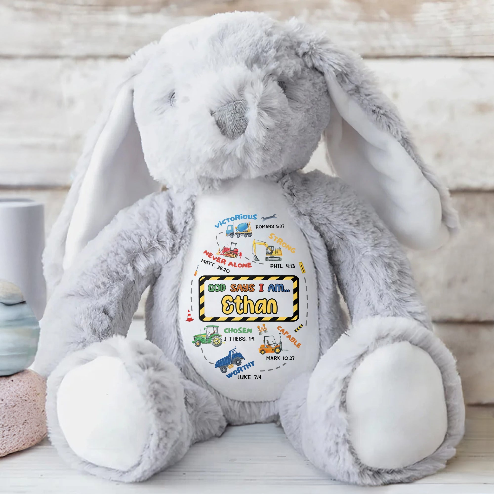 Victorious, Strong, Never Alone, Personalized Stuffed Bunny With Biblical Inscriptions - Personalized Stuffed Bunny - KID037_BUN