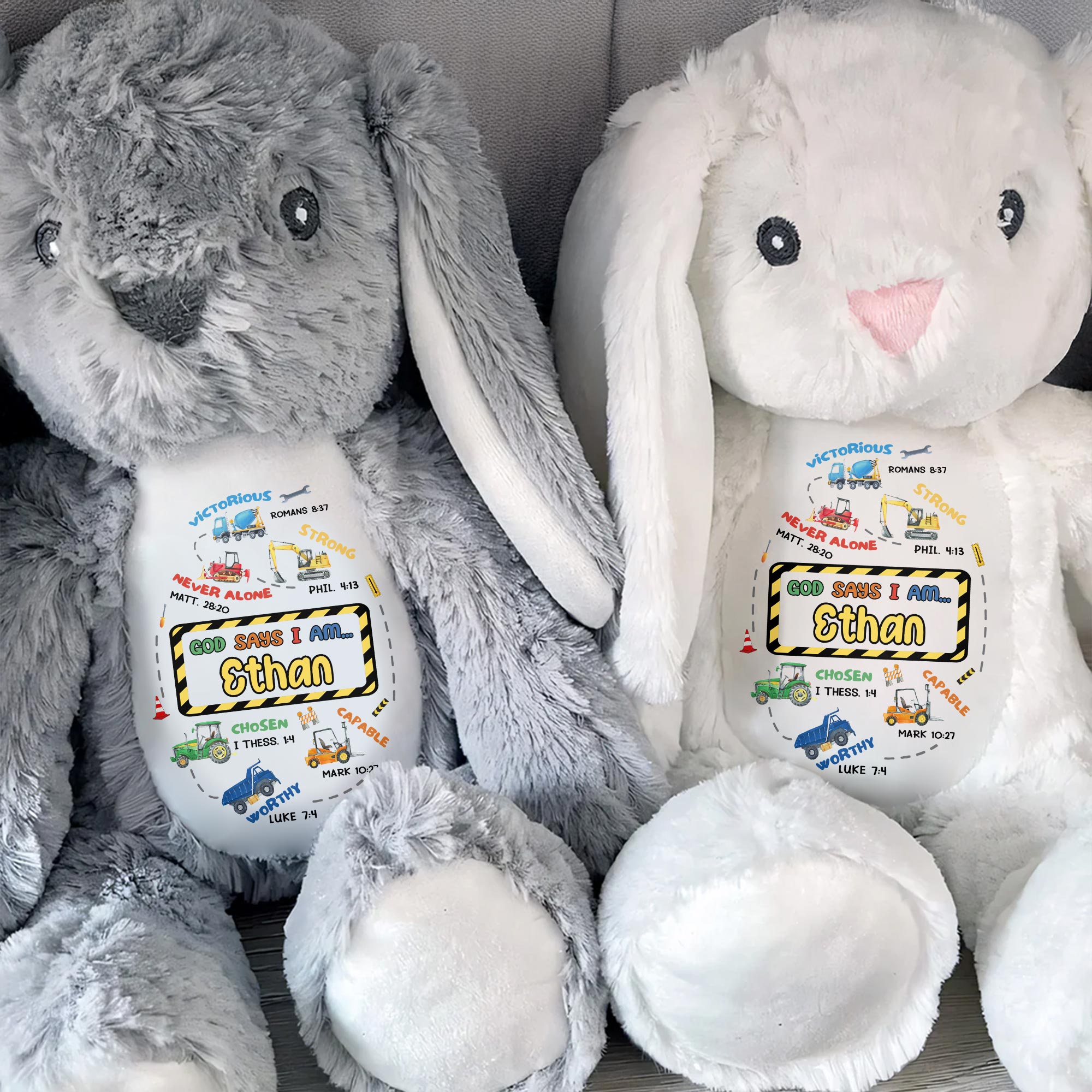 Victorious, Strong, Never Alone, Personalized Stuffed Bunny With Biblical Inscriptions - Personalized Stuffed Bunny - KID037_BUN