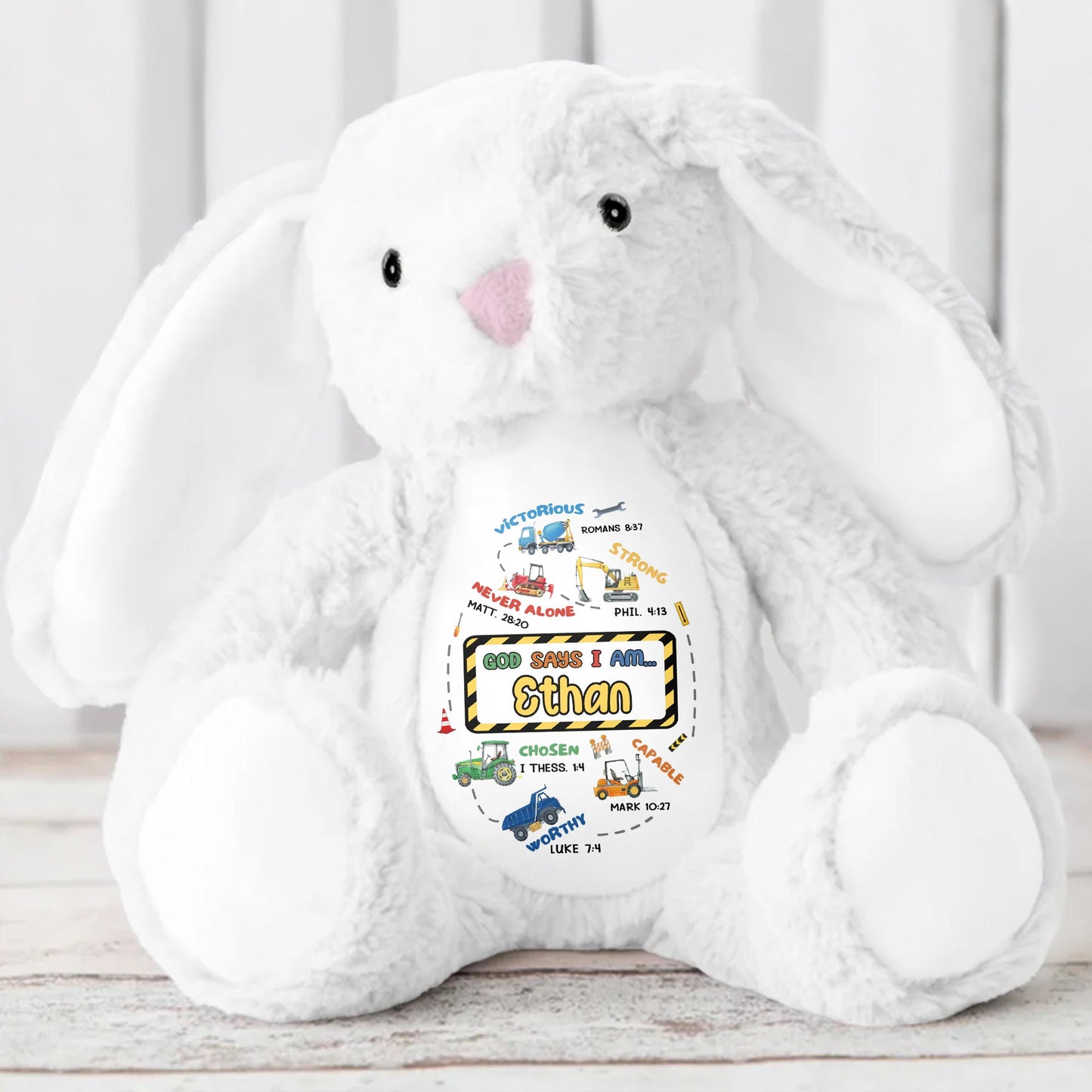 Victorious, Strong, Never Alone, Personalized Stuffed Bunny With Biblical Inscriptions - Personalized Stuffed Bunny - KID037_BUN