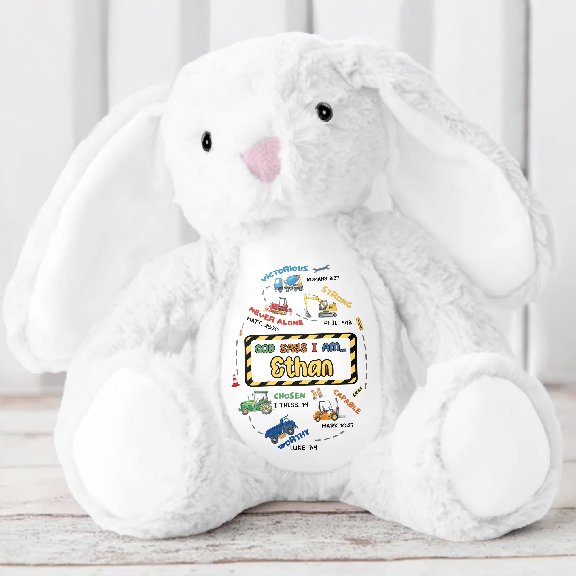 Victorious, Strong, Never Alone, Personalized Stuffed Bunny With Biblical Inscriptions - Personalized Stuffed Bunny - KID037_BUN