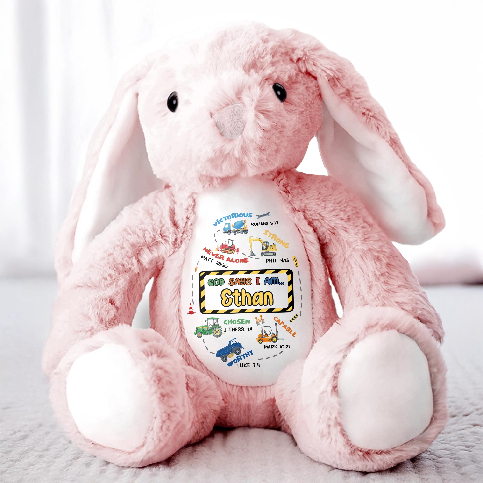 Victorious, Strong, Never Alone, Personalized Stuffed Bunny With Biblical Inscriptions - Personalized Stuffed Bunny - KID037_BUN