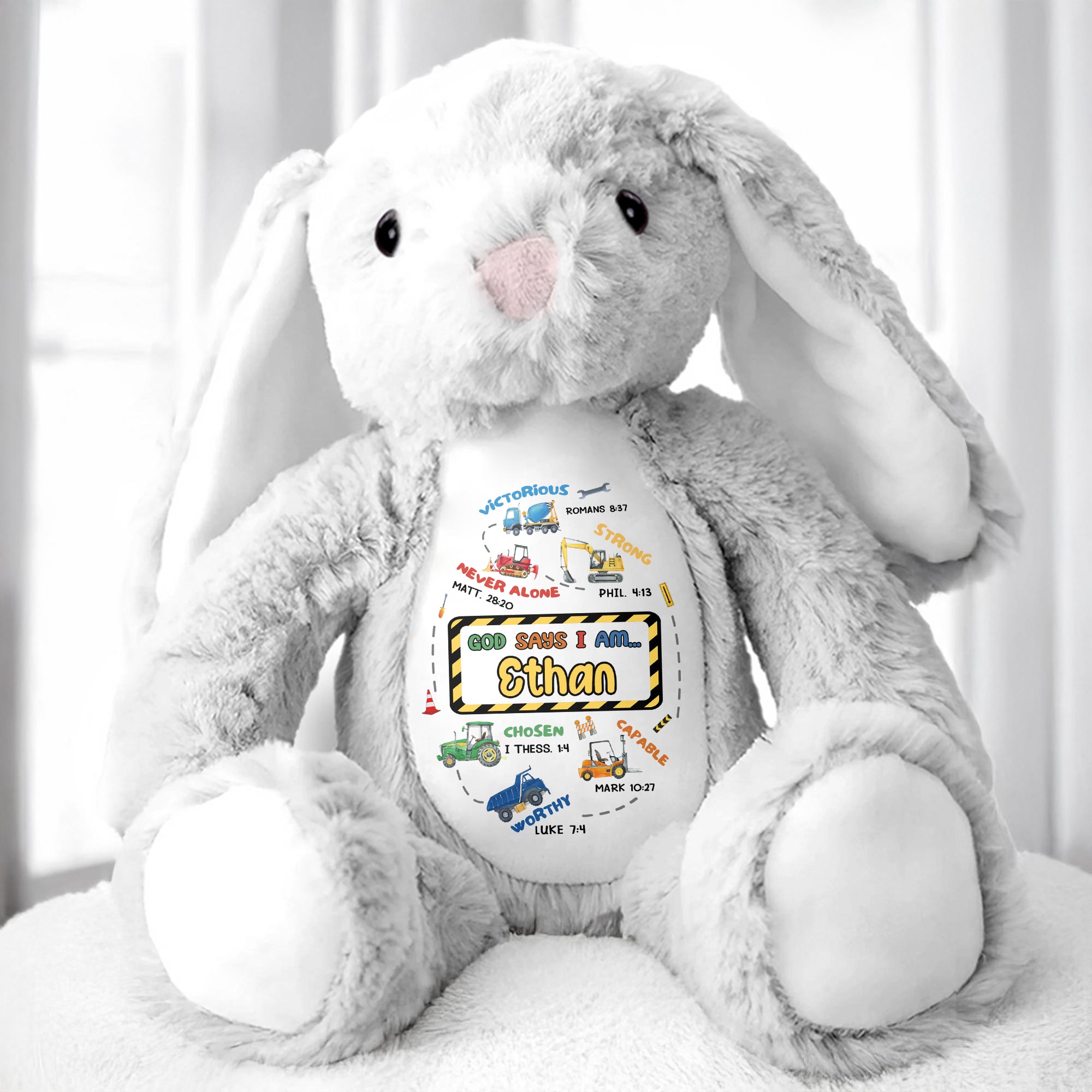 Victorious, Strong, Never Alone, Personalized Stuffed Bunny With Biblical Inscriptions - Personalized Stuffed Bunny - KID037_BUN