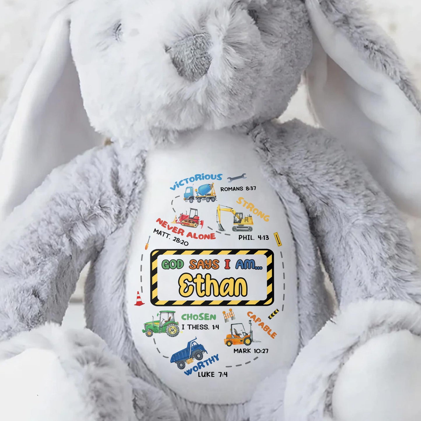Victorious, Strong, Never Alone, Personalized Stuffed Bunny With Biblical Inscriptions - Personalized Stuffed Bunny - KID037_BUN