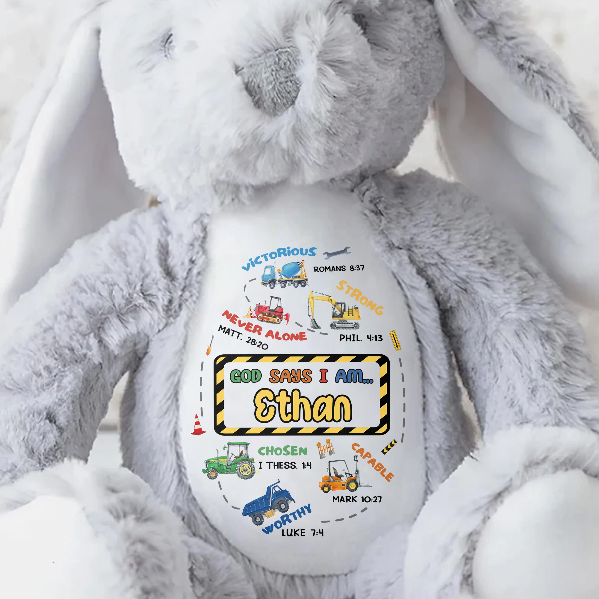 Victorious, Strong, Never Alone, Personalized Stuffed Bunny With Biblical Inscriptions - Personalized Stuffed Bunny - KID037_BUN