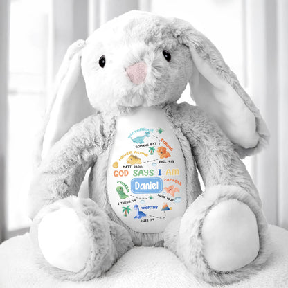 God Says I Am Victorious, Strong, Capable, Personalized Bunny - Personalized Stuffed Bunny - KID038_BUN