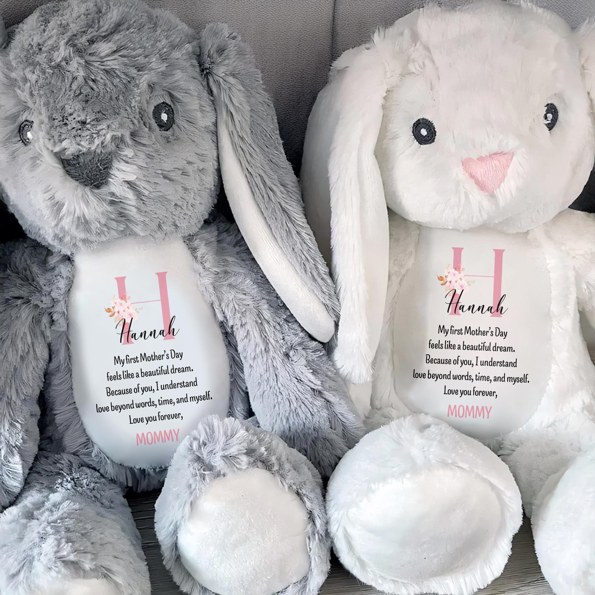 My First Mother's Day Feels Like A Beautiful Dream, Stuffed Bunny, Heart, Flowers - Personalized Stuffed Bunny - KID039_BUN
