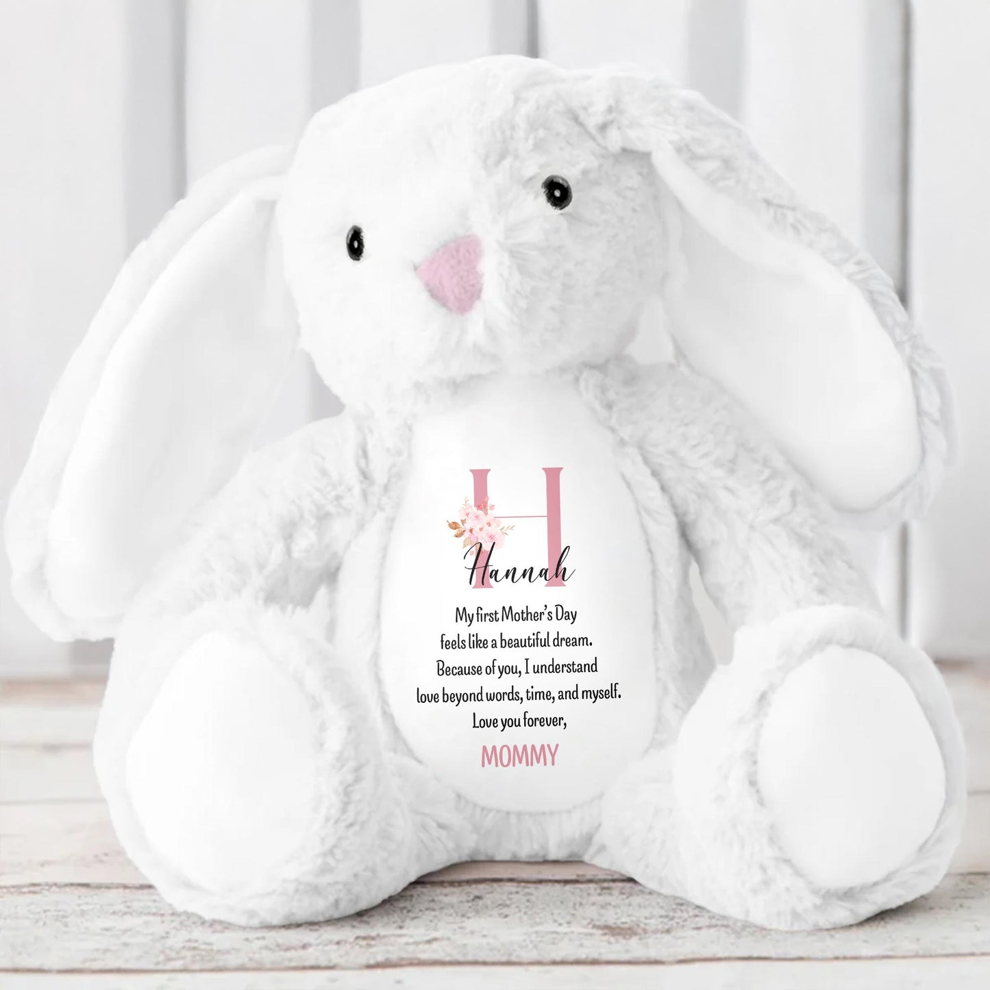 My First Mother's Day Feels Like A Beautiful Dream, Stuffed Bunny, Heart, Flowers - Personalized Stuffed Bunny - KID039_BUN