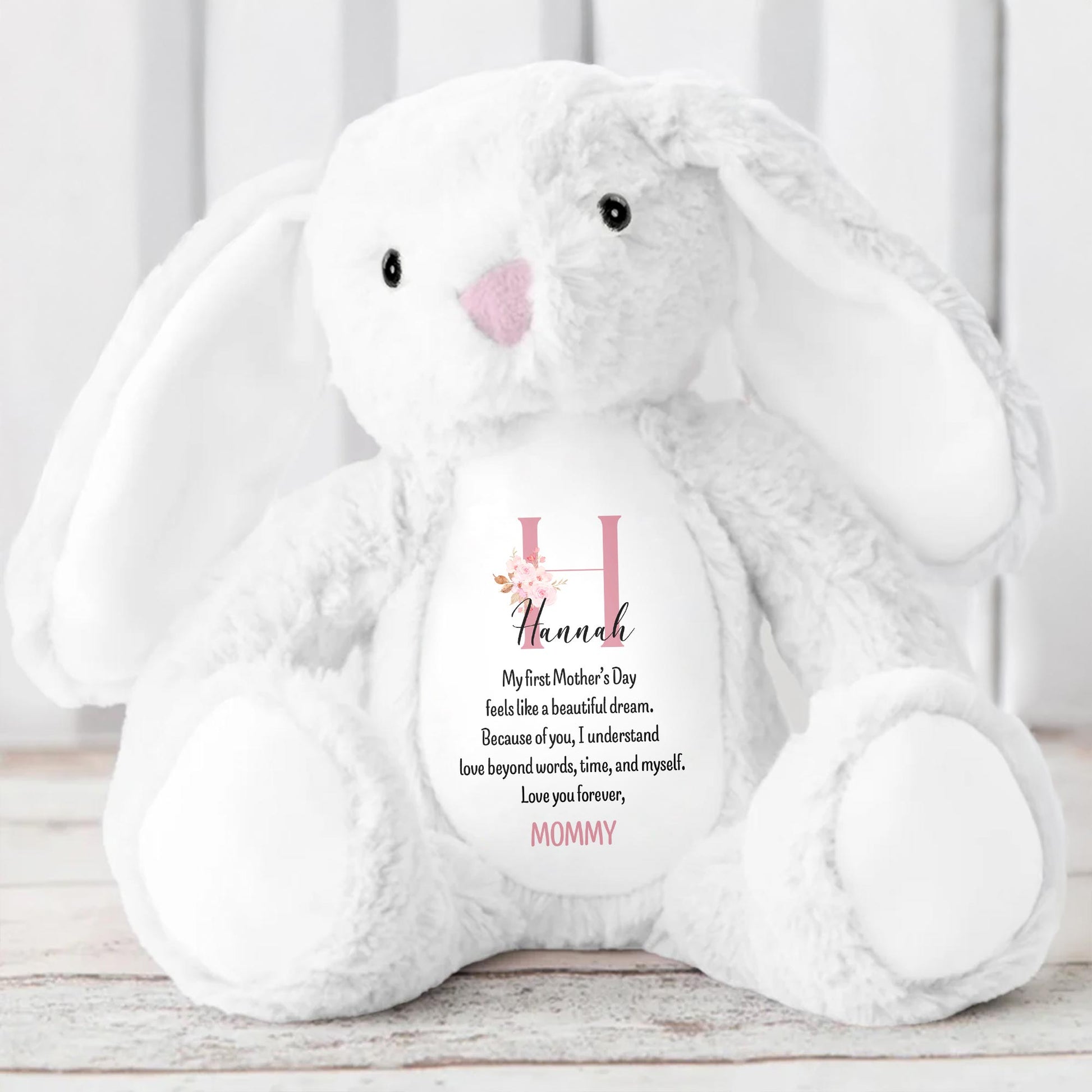 My First Mother's Day Feels Like A Beautiful Dream, Stuffed Bunny, Heart, Flowers - Personalized Stuffed Bunny - KID039_BUN