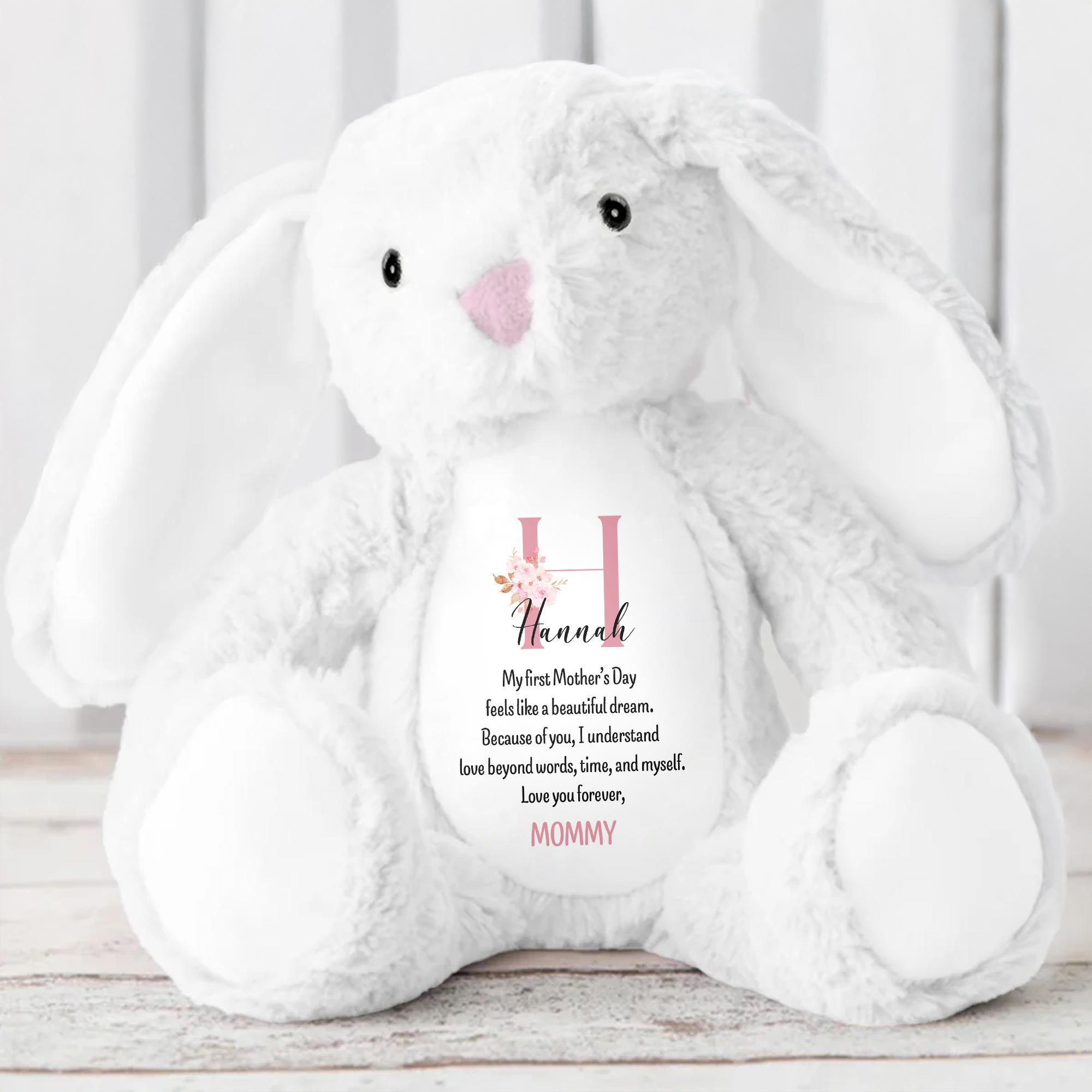 My First Mother's Day Feels Like A Beautiful Dream, Stuffed Bunny, Heart, Flowers - Personalized Stuffed Bunny - KID039_BUN