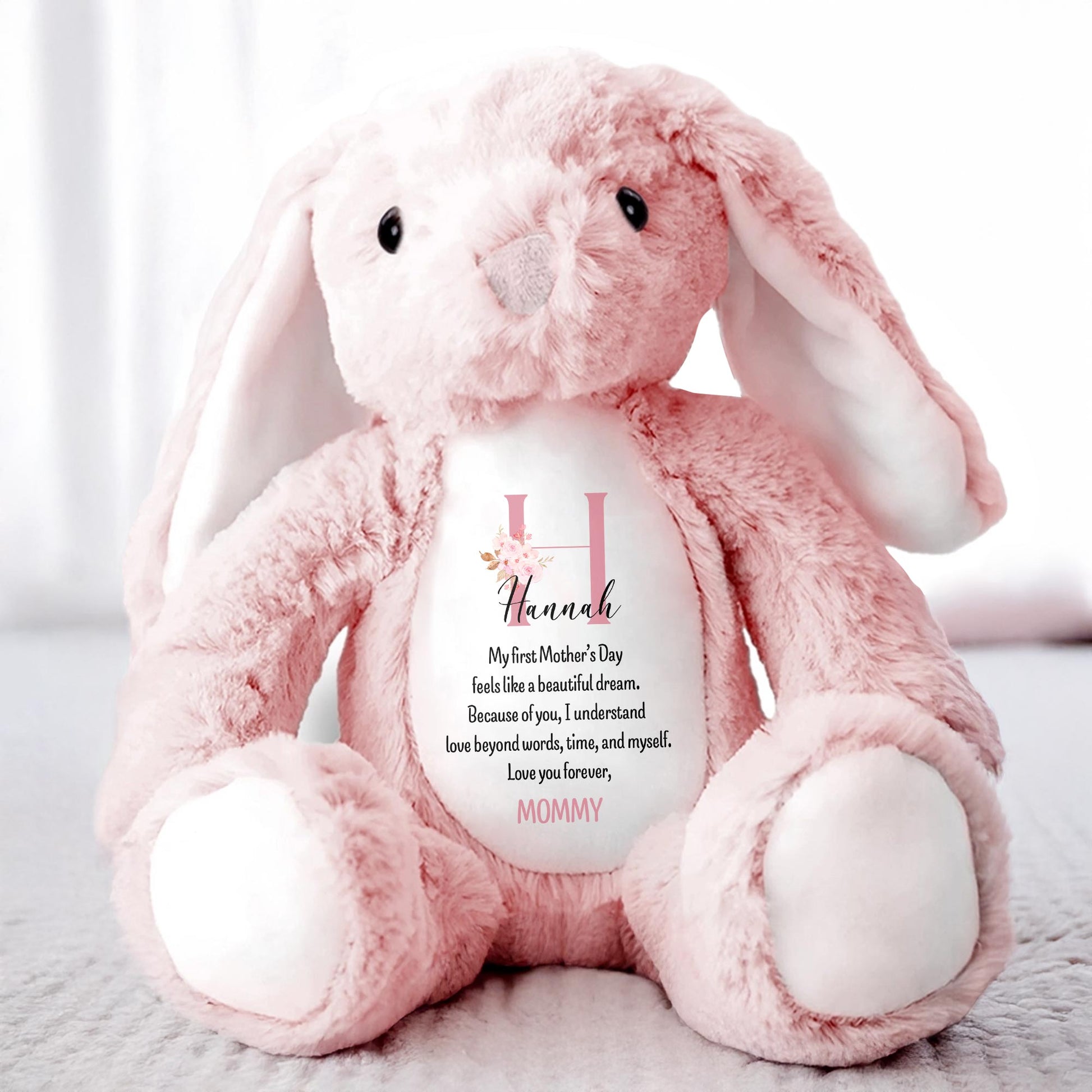 My First Mother's Day Feels Like A Beautiful Dream, Stuffed Bunny, Heart, Flowers - Personalized Stuffed Bunny - KID039_BUN