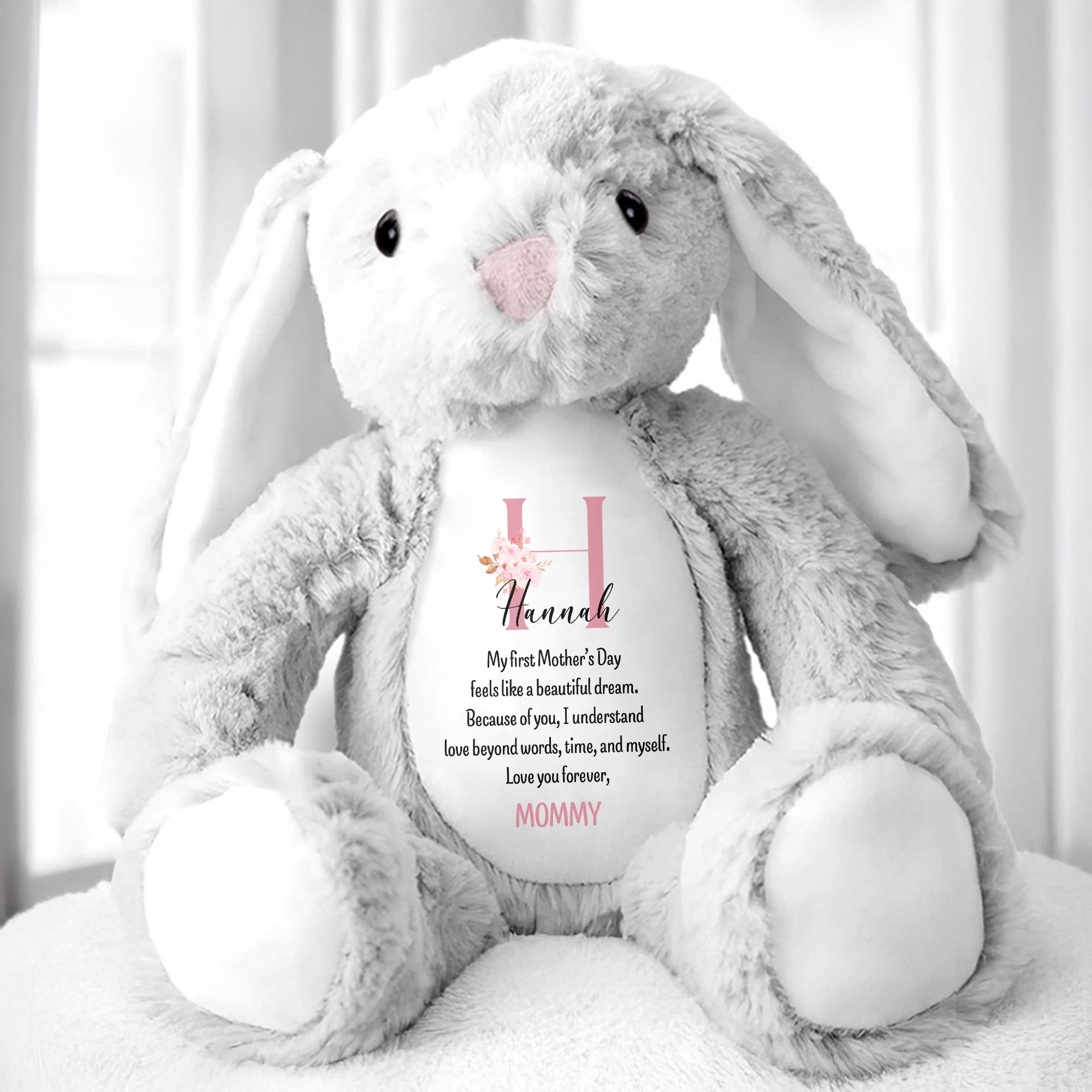 My First Mother's Day Feels Like A Beautiful Dream, Stuffed Bunny, Heart, Flowers - Personalized Stuffed Bunny - KID039_BUN