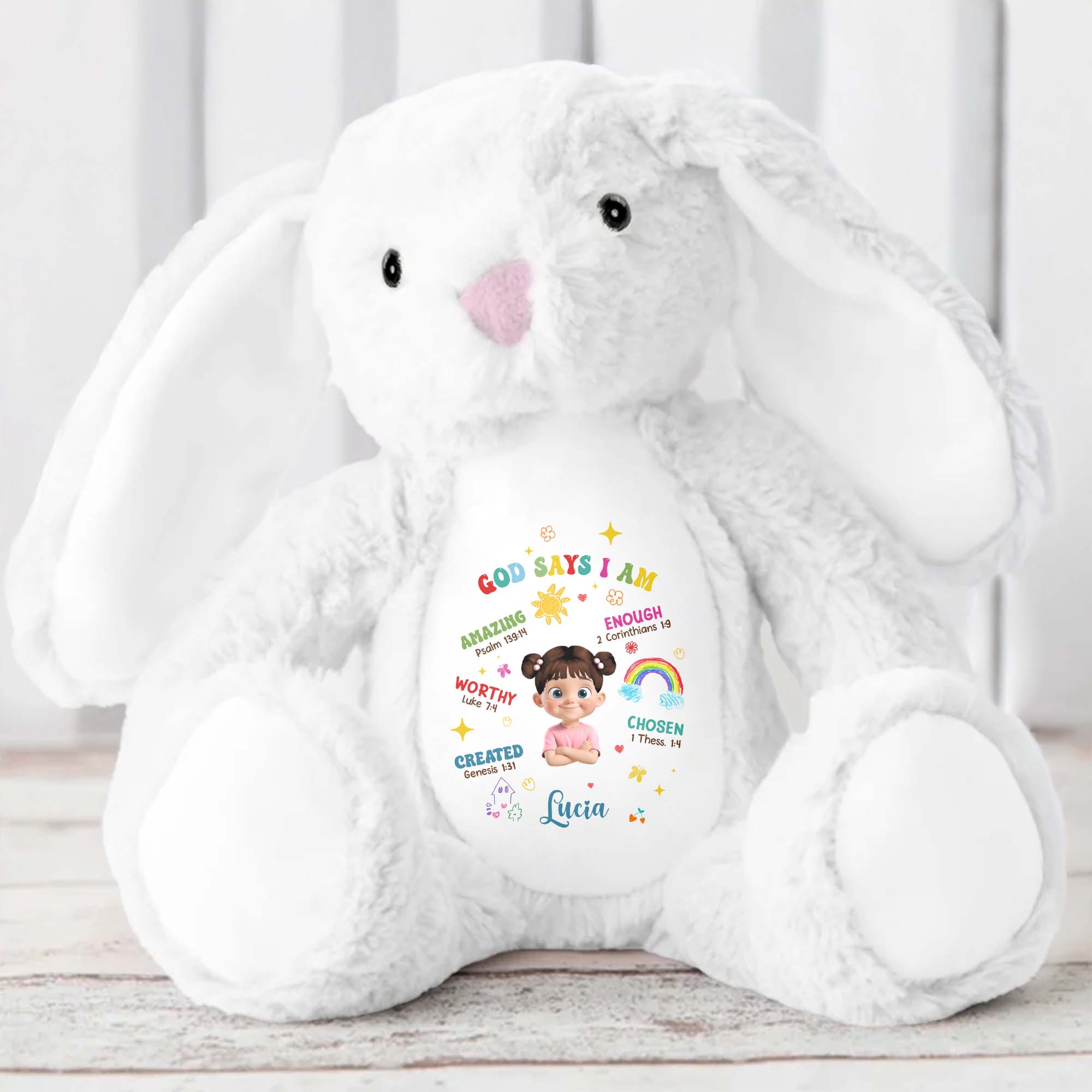 God Says I Am Amazing, Worthy, Loved, Enough, Rainbow and Stars - Personalized Stuffed Bunny - KID040_BUN