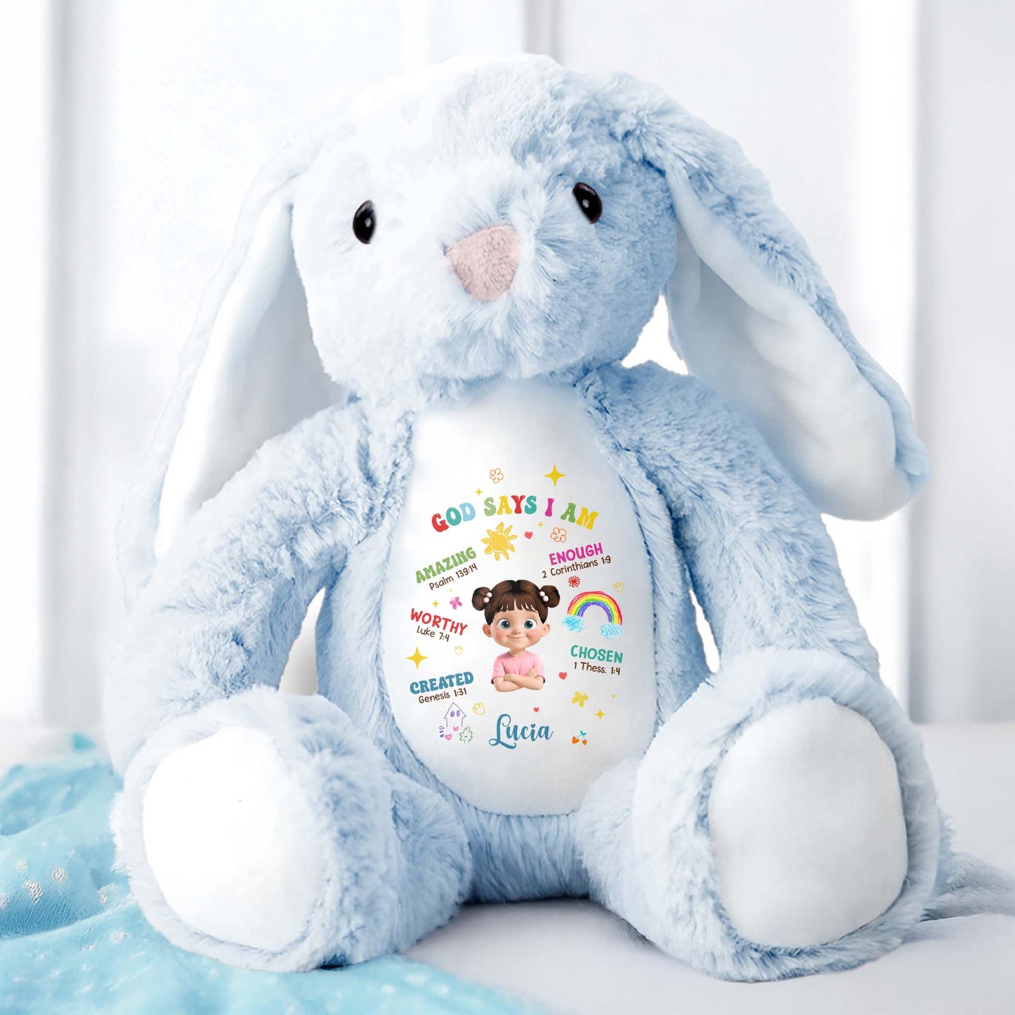 God Says I Am Amazing, Worthy, Loved, Enough, Rainbow and Stars - Personalized Stuffed Bunny - KID040_BUN