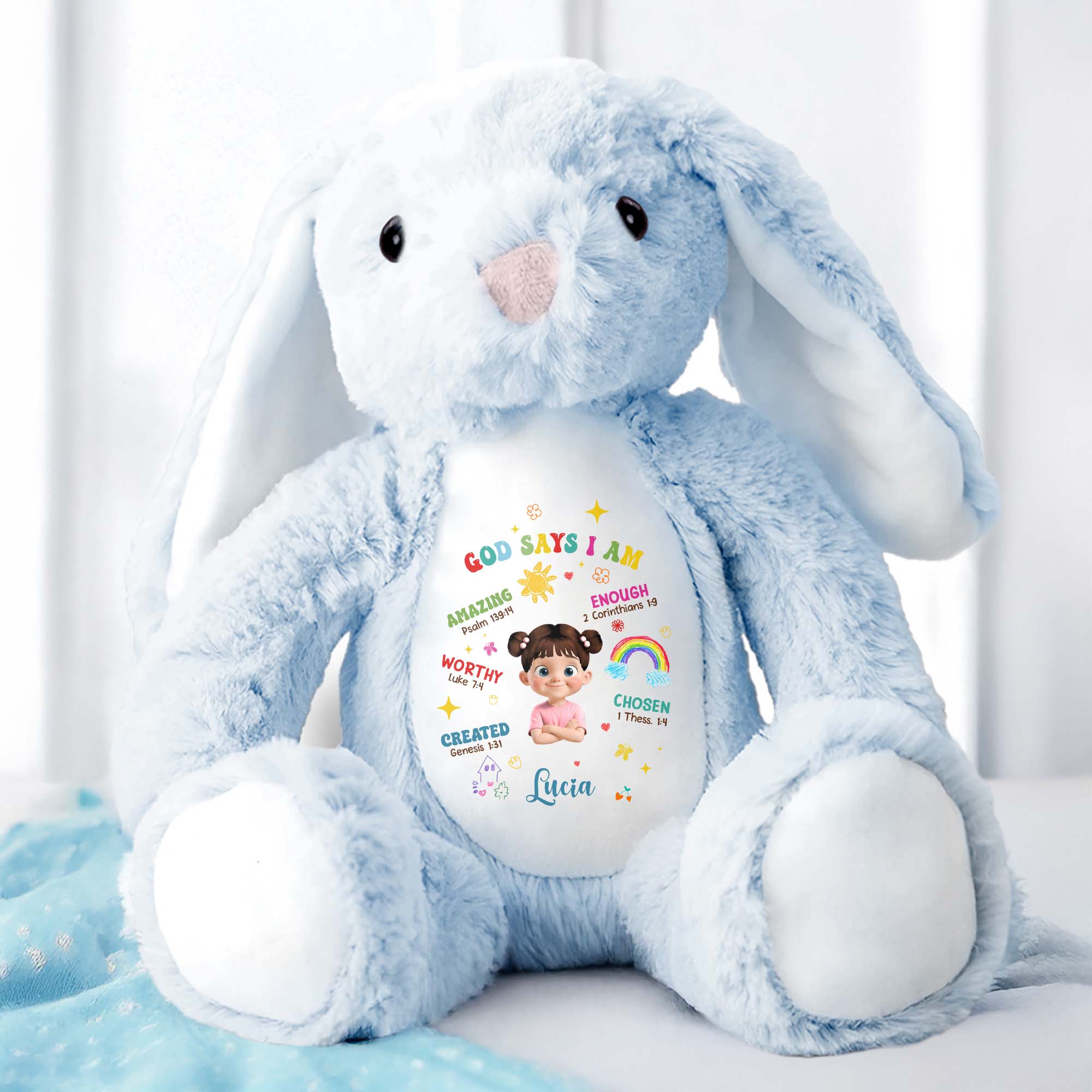 God Says I Am Amazing, Worthy, Loved, Enough, Rainbow and Stars - Personalized Stuffed Bunny - KID040_BUN