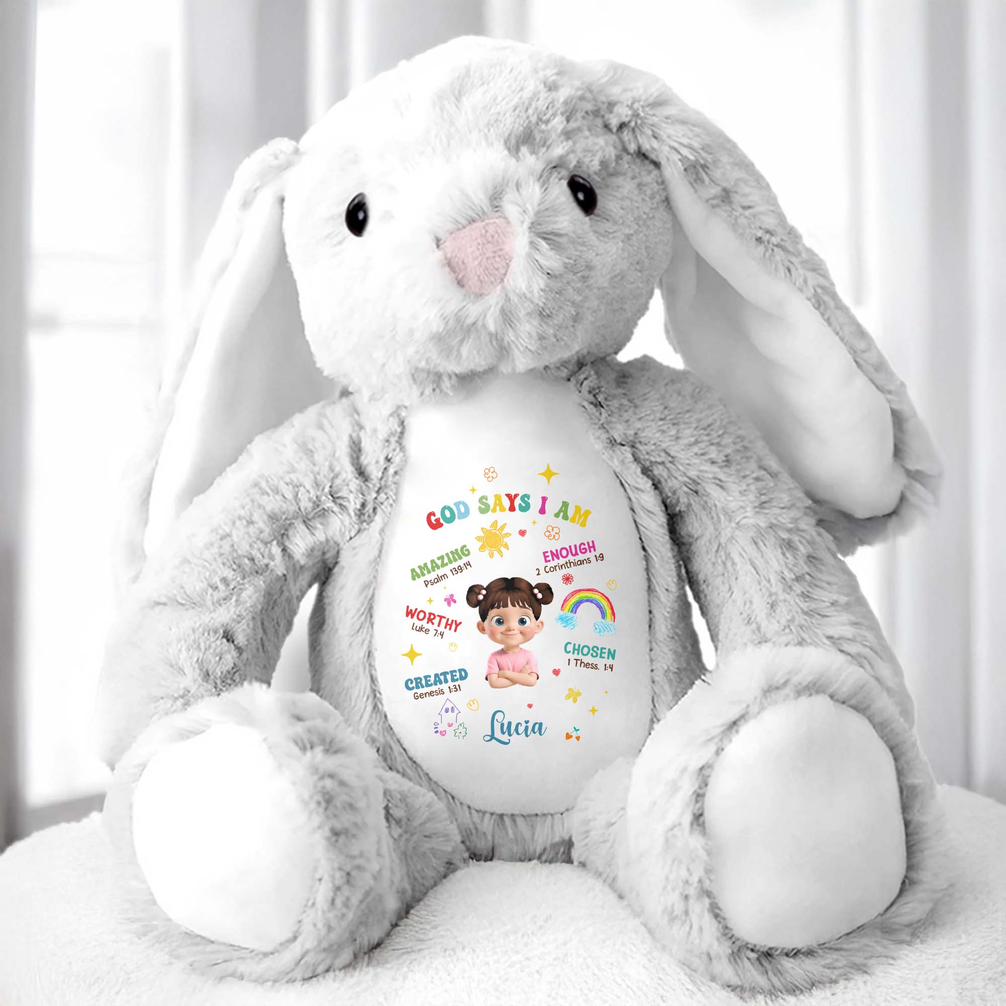 God Says I Am Amazing, Worthy, Loved, Enough, Rainbow and Stars - Personalized Stuffed Bunny - KID040_BUN