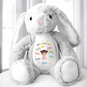 God Says I Am Amazing, Worthy, Loved, Enough, Rainbow and Stars - Personalized Stuffed Bunny - KID040_BUN