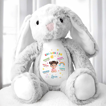 God Says I Am Amazing, Worthy, Loved, Enough, Rainbow and Stars - Personalized Stuffed Bunny - KID040_BUN