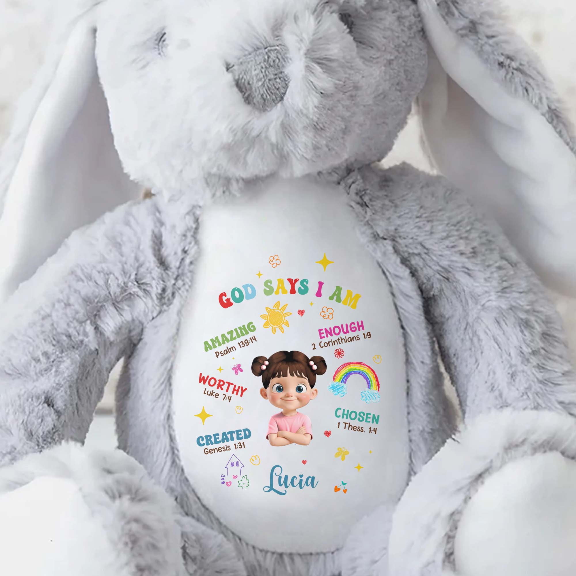 God Says I Am Amazing, Worthy, Loved, Enough, Rainbow and Stars - Personalized Stuffed Bunny - KID040_BUN