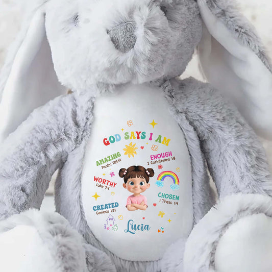 God Says I Am Amazing, Worthy, Loved, Enough, Rainbow and Stars - Personalized Stuffed Bunny - KID040_BUN