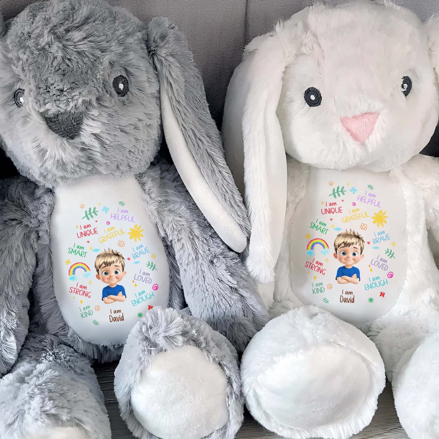 I Am Unique, I Am Helpful, I Am Grateful, Positive Affirmations On Bunny - Personalized Stuffed Bunny - KID041_BUN