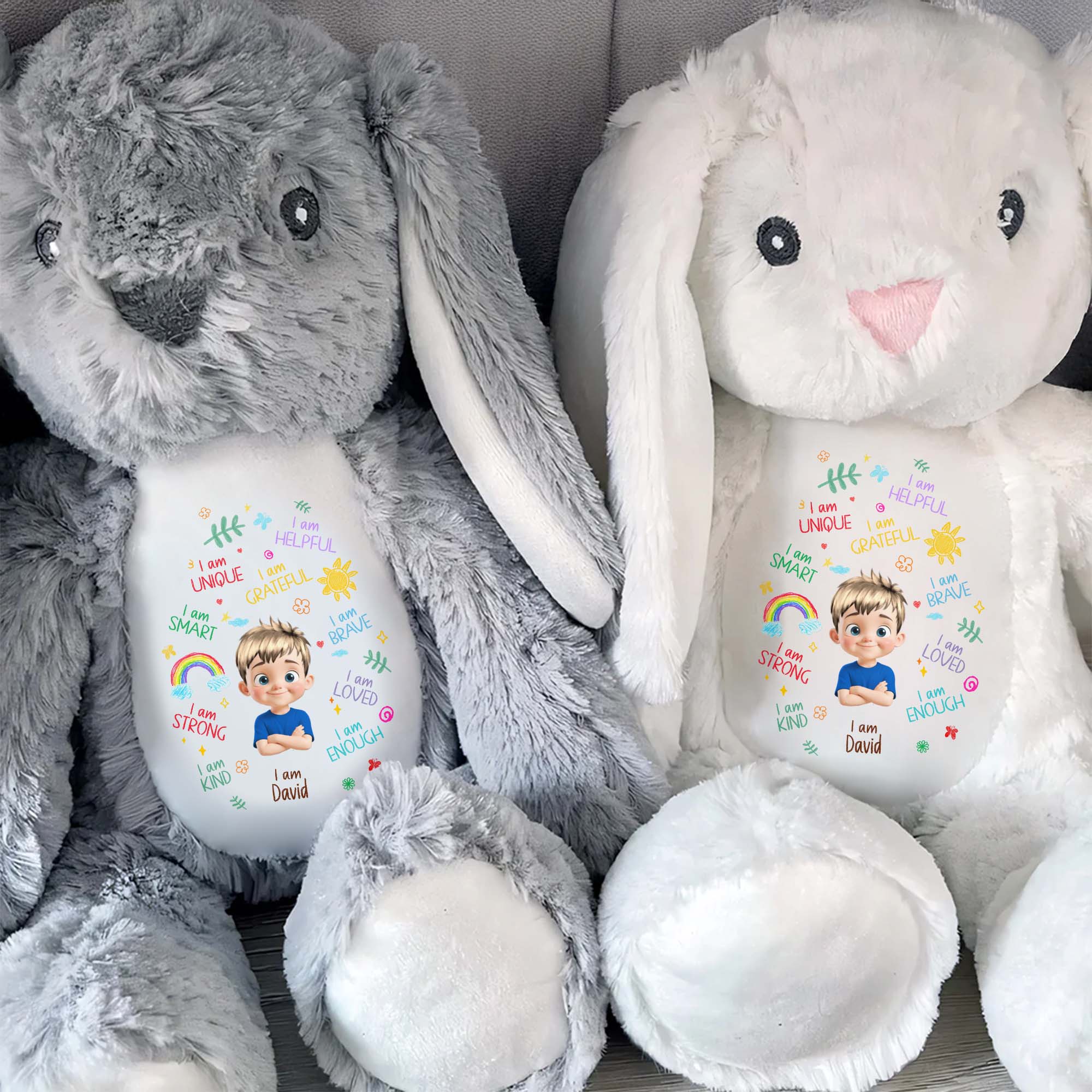 I Am Unique, I Am Helpful, I Am Grateful, Positive Affirmations On Bunny - Personalized Stuffed Bunny - KID041_BUN