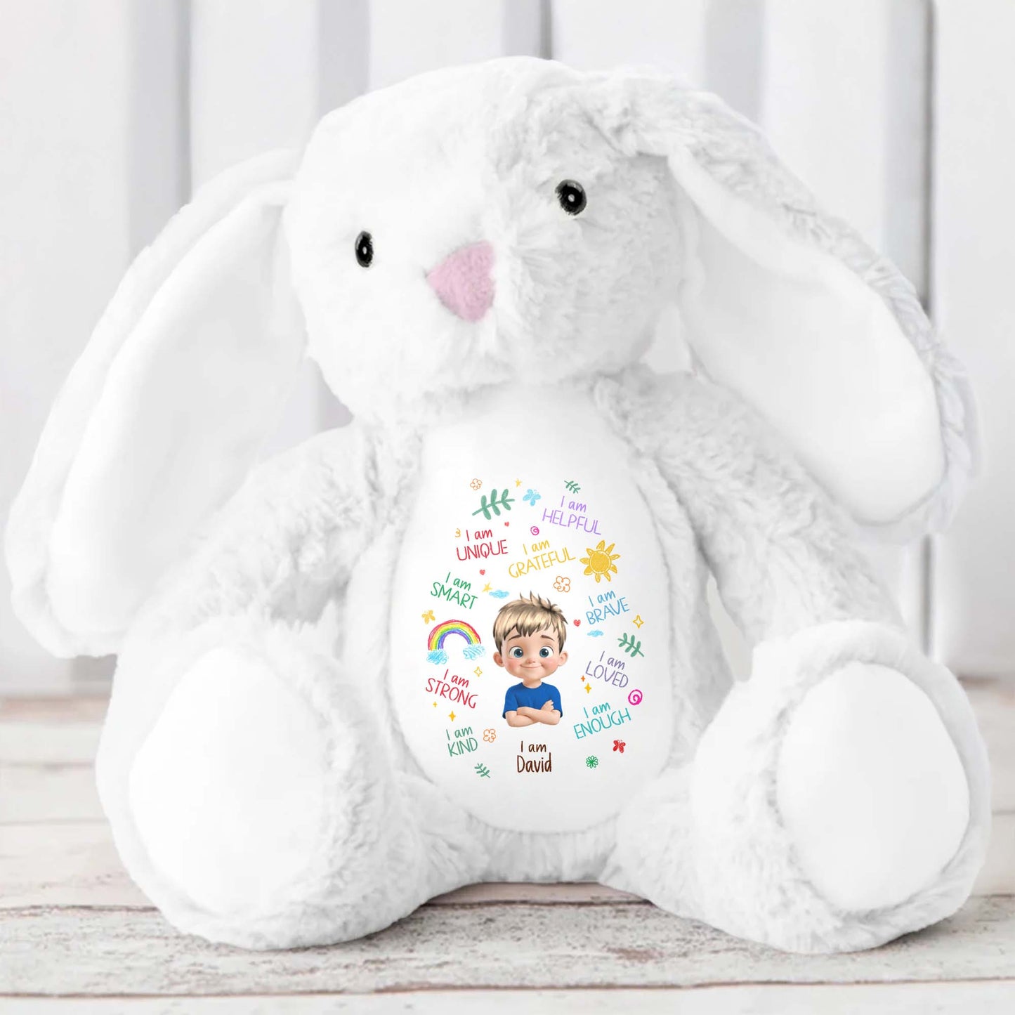 I Am Unique, I Am Helpful, I Am Grateful, Positive Affirmations On Bunny - Personalized Stuffed Bunny - KID041_BUN