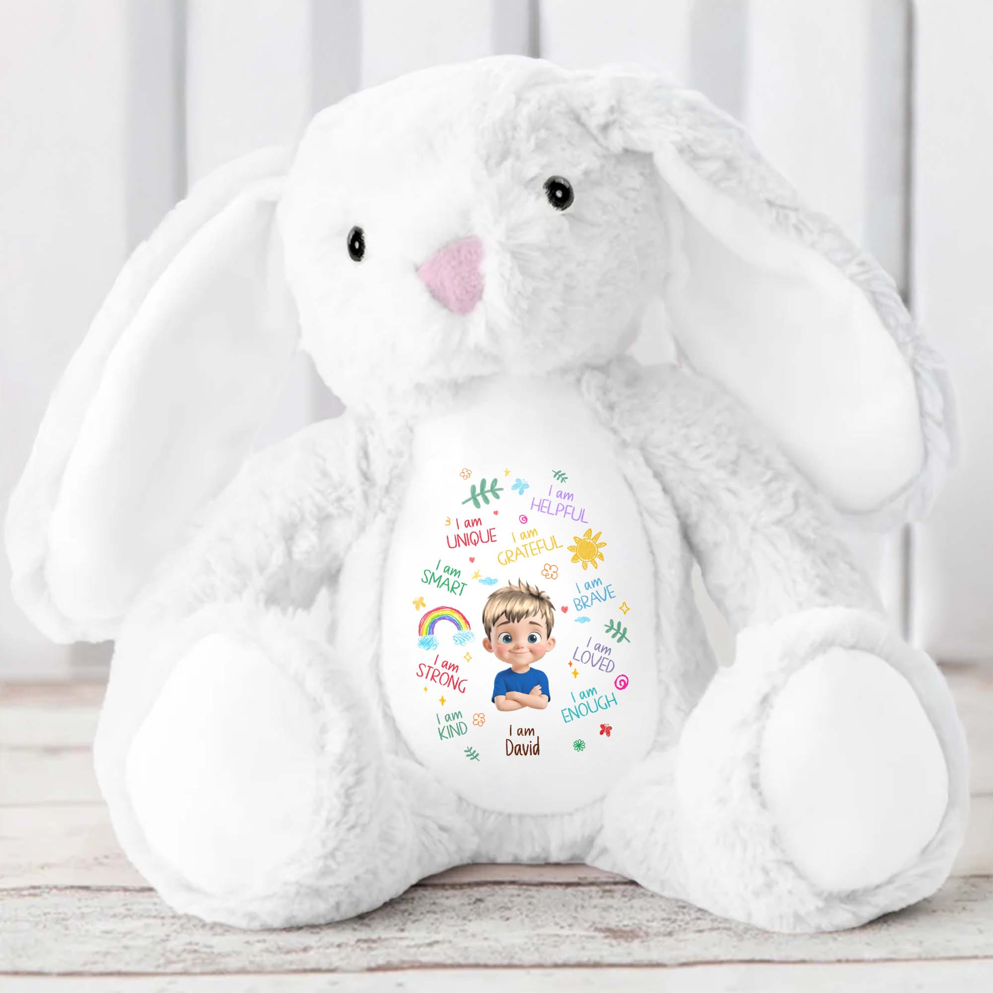 I Am Unique, I Am Helpful, I Am Grateful, Positive Affirmations On Bunny - Personalized Stuffed Bunny - KID041_BUN
