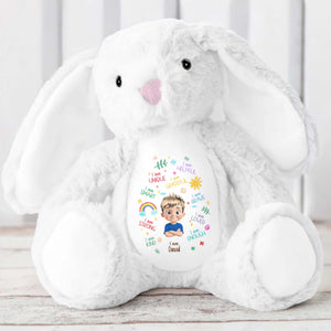I Am Unique, I Am Helpful, I Am Grateful, Positive Affirmations On Bunny - Personalized Stuffed Bunny - KID041_BUN