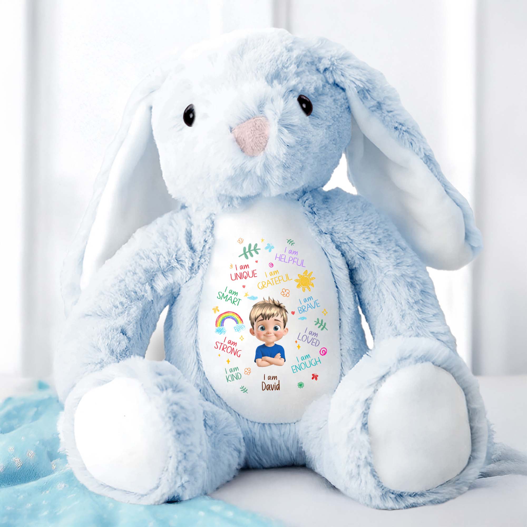 I Am Unique, I Am Helpful, I Am Grateful, Positive Affirmations On Bunny - Personalized Stuffed Bunny - KID041_BUN