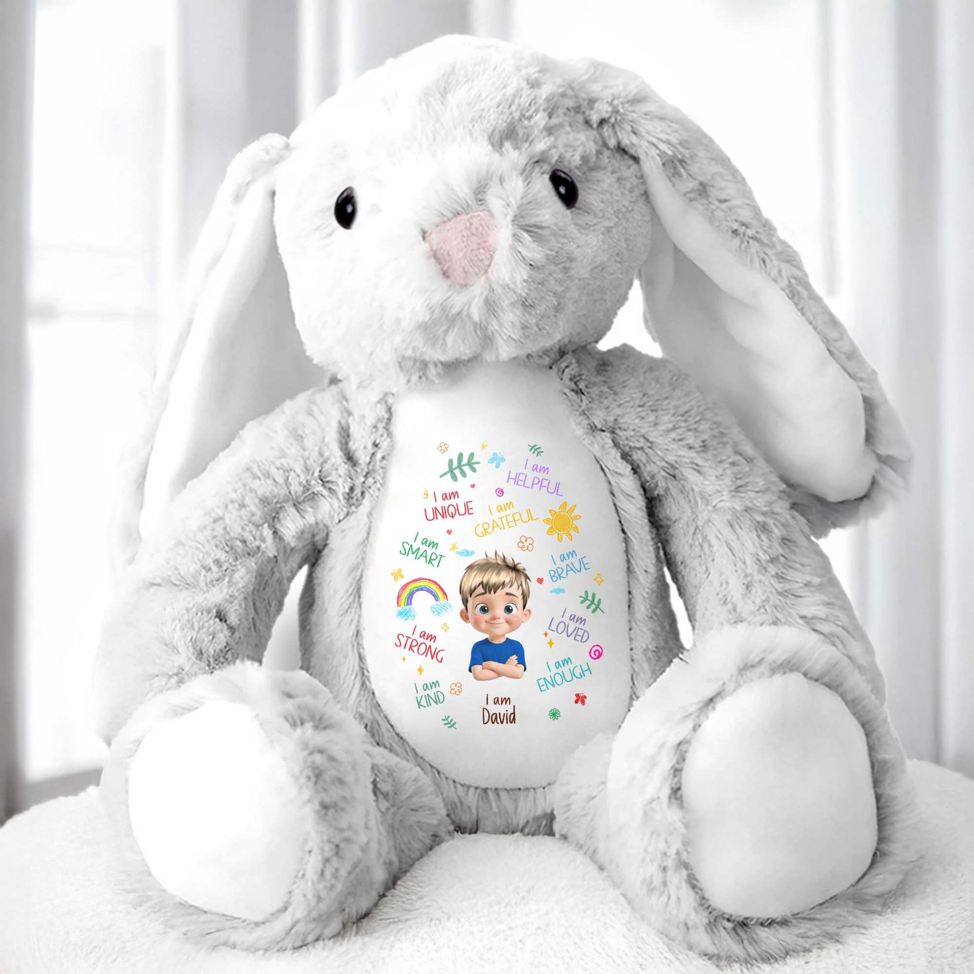 I Am Unique, I Am Helpful, I Am Grateful, Positive Affirmations On Bunny - Personalized Stuffed Bunny - KID041_BUN