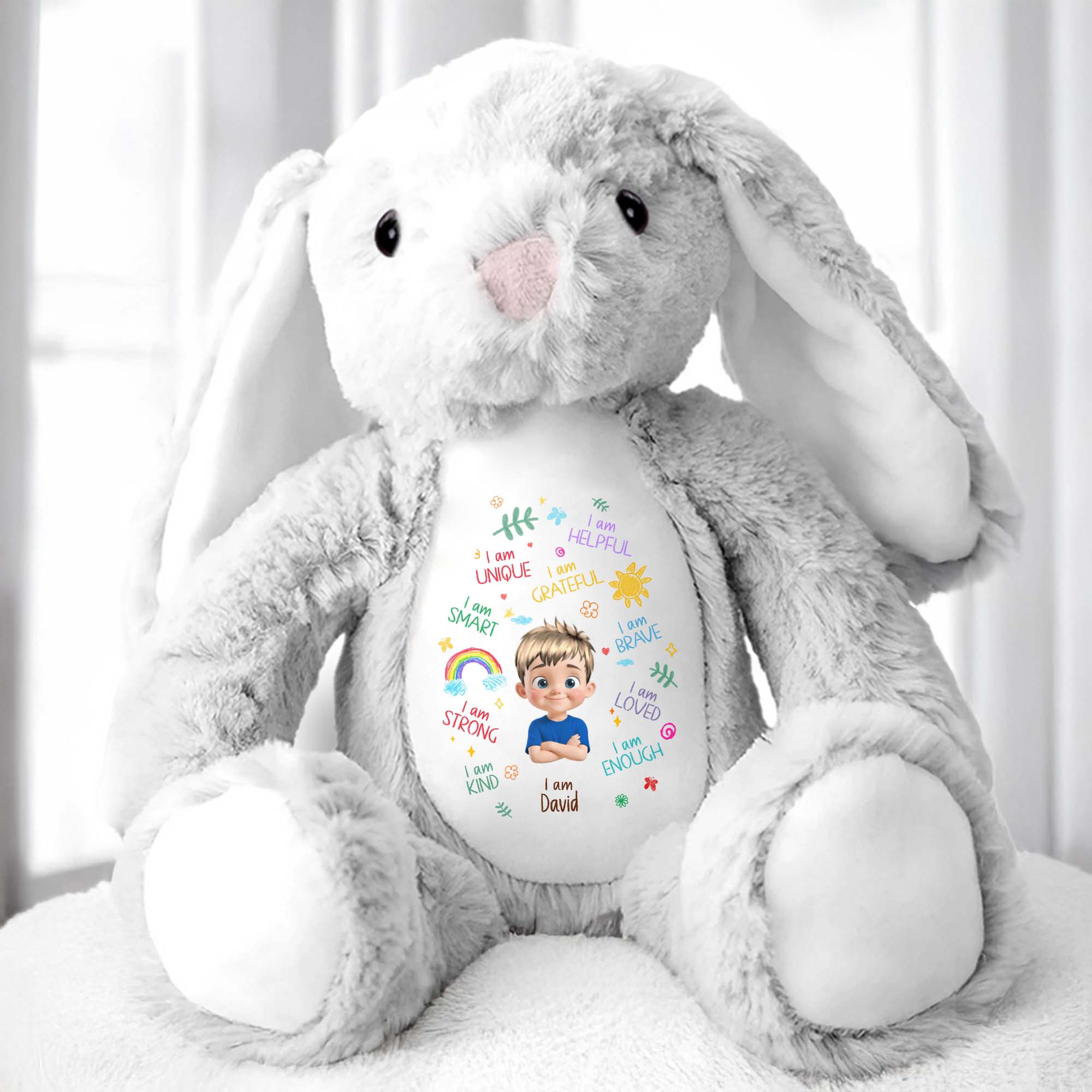 I Am Unique, I Am Helpful, I Am Grateful, Positive Affirmations On Bunny - Personalized Stuffed Bunny - KID041_BUN