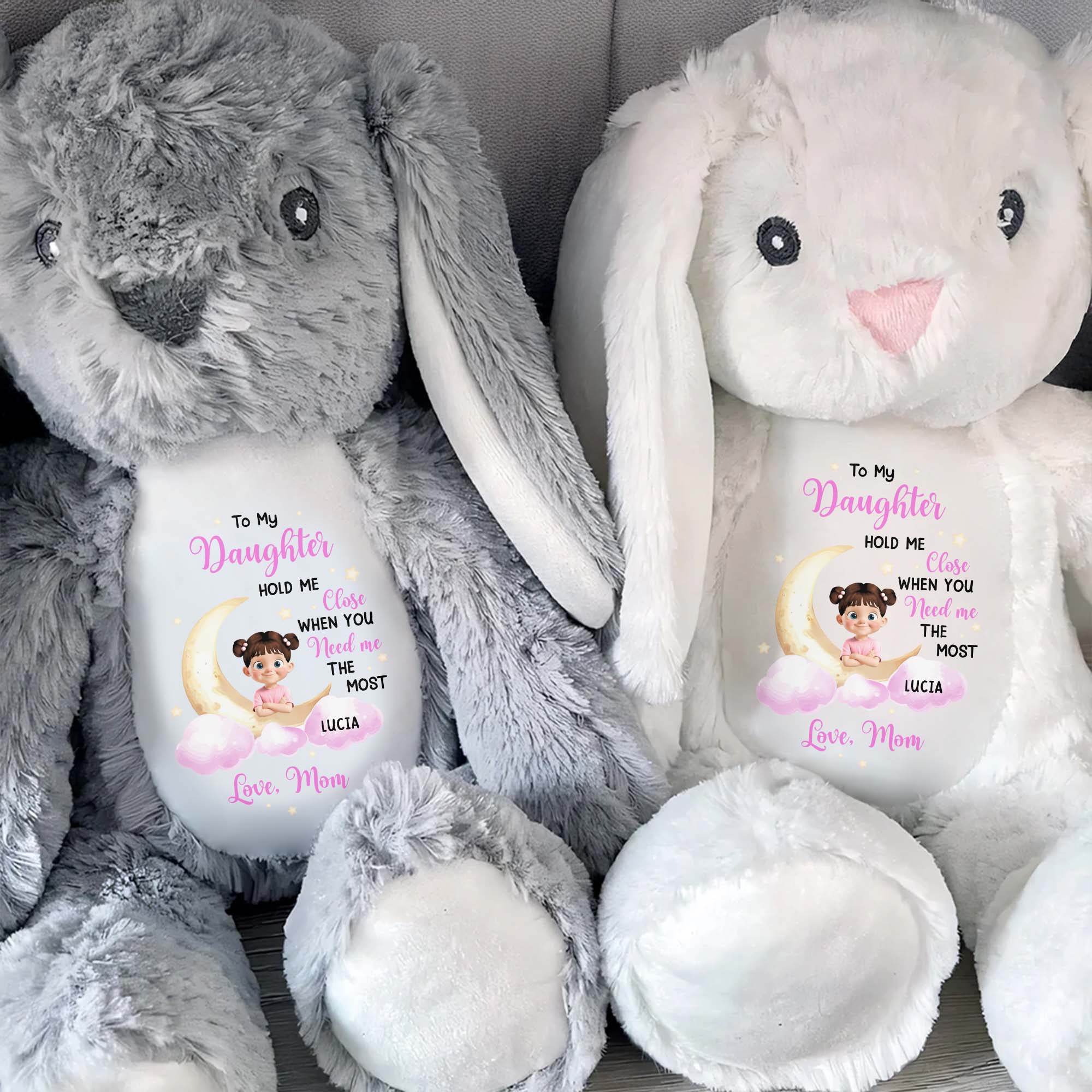 To My Daughter Hold Me Close, Stuffed Bunny, Moon and Clouds - Personalized Stuffed Bunny - KID042_BUN