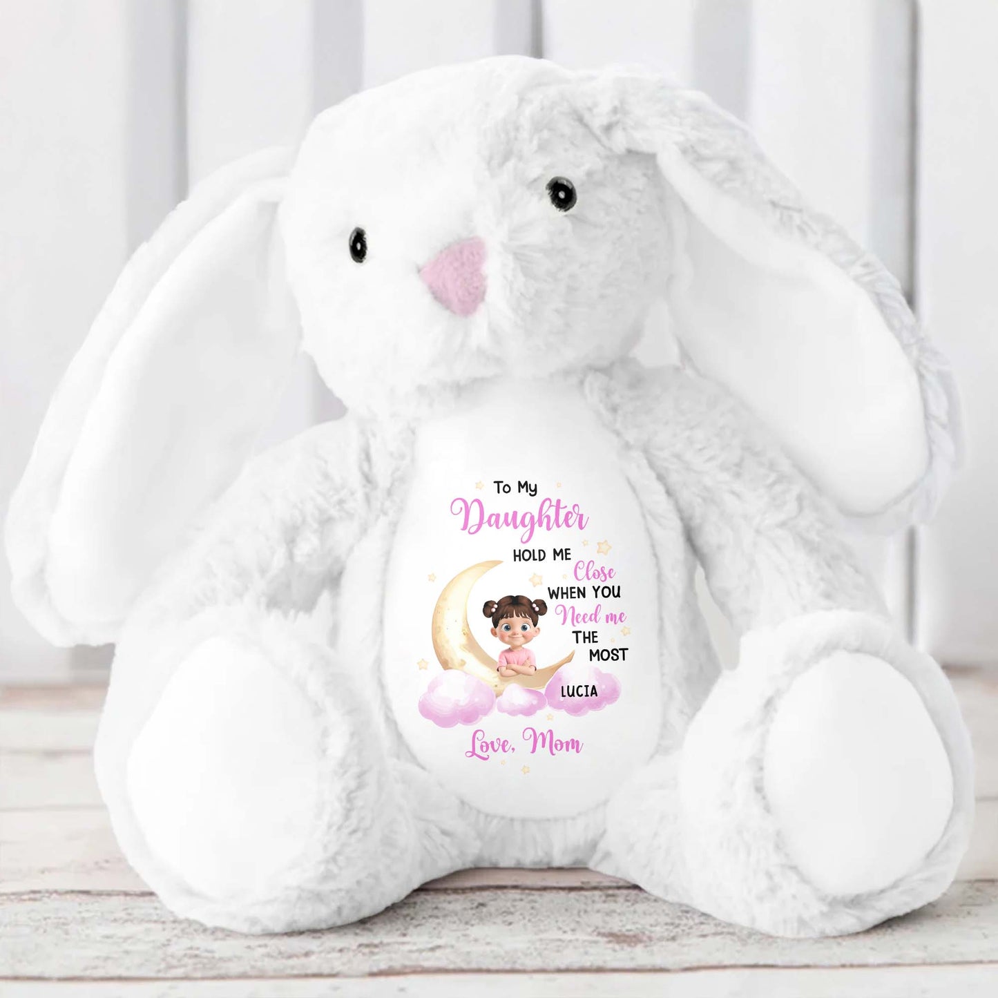 To My Daughter Hold Me Close, Stuffed Bunny, Moon and Clouds - Personalized Stuffed Bunny - KID042_BUN