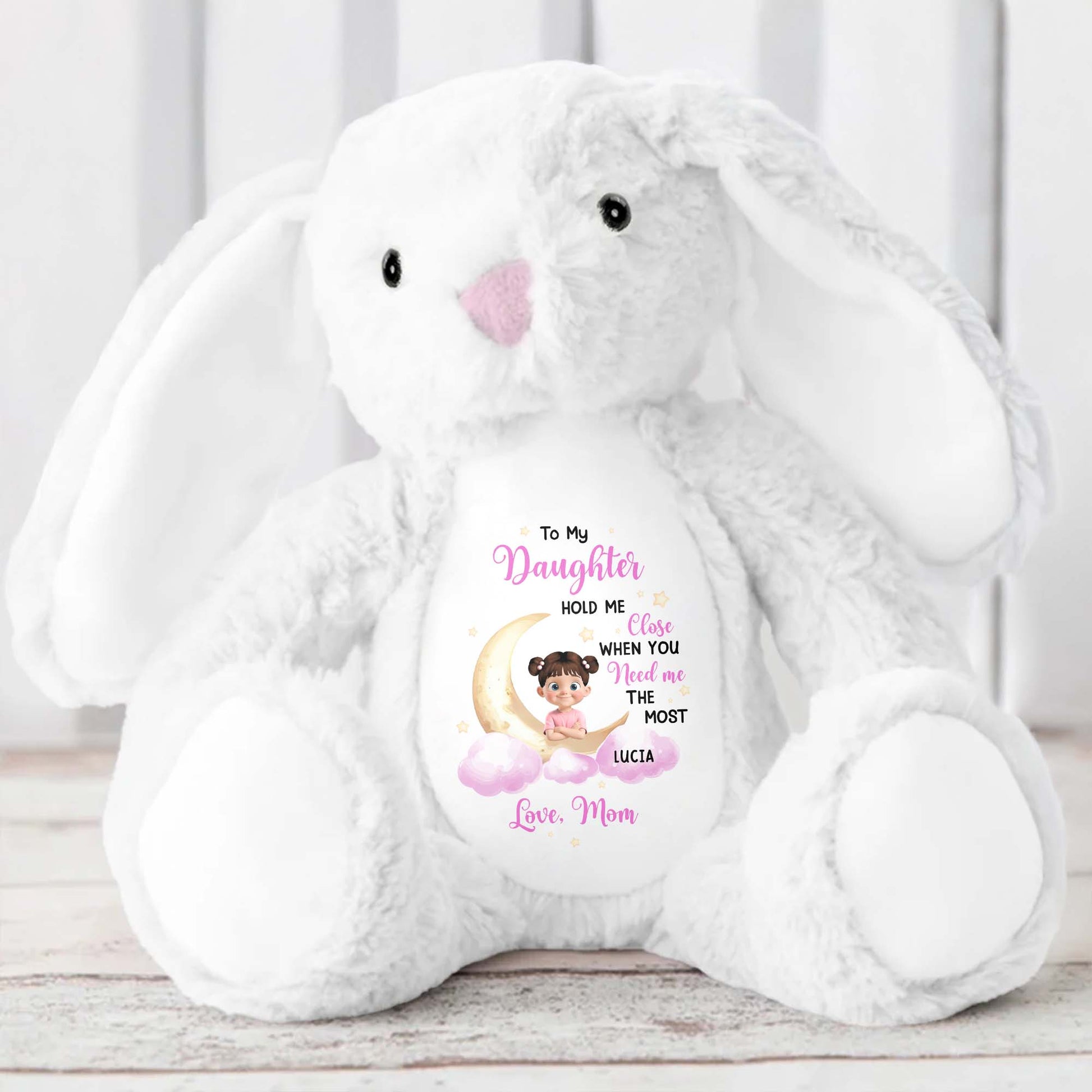 To My Daughter Hold Me Close, Stuffed Bunny, Moon and Clouds - Personalized Stuffed Bunny - KID042_BUN
