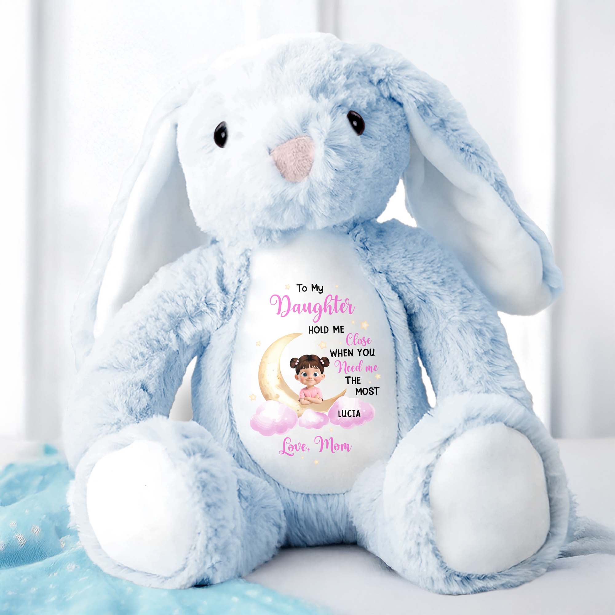 To My Daughter Hold Me Close, Stuffed Bunny, Moon and Clouds - Personalized Stuffed Bunny - KID042_BUN