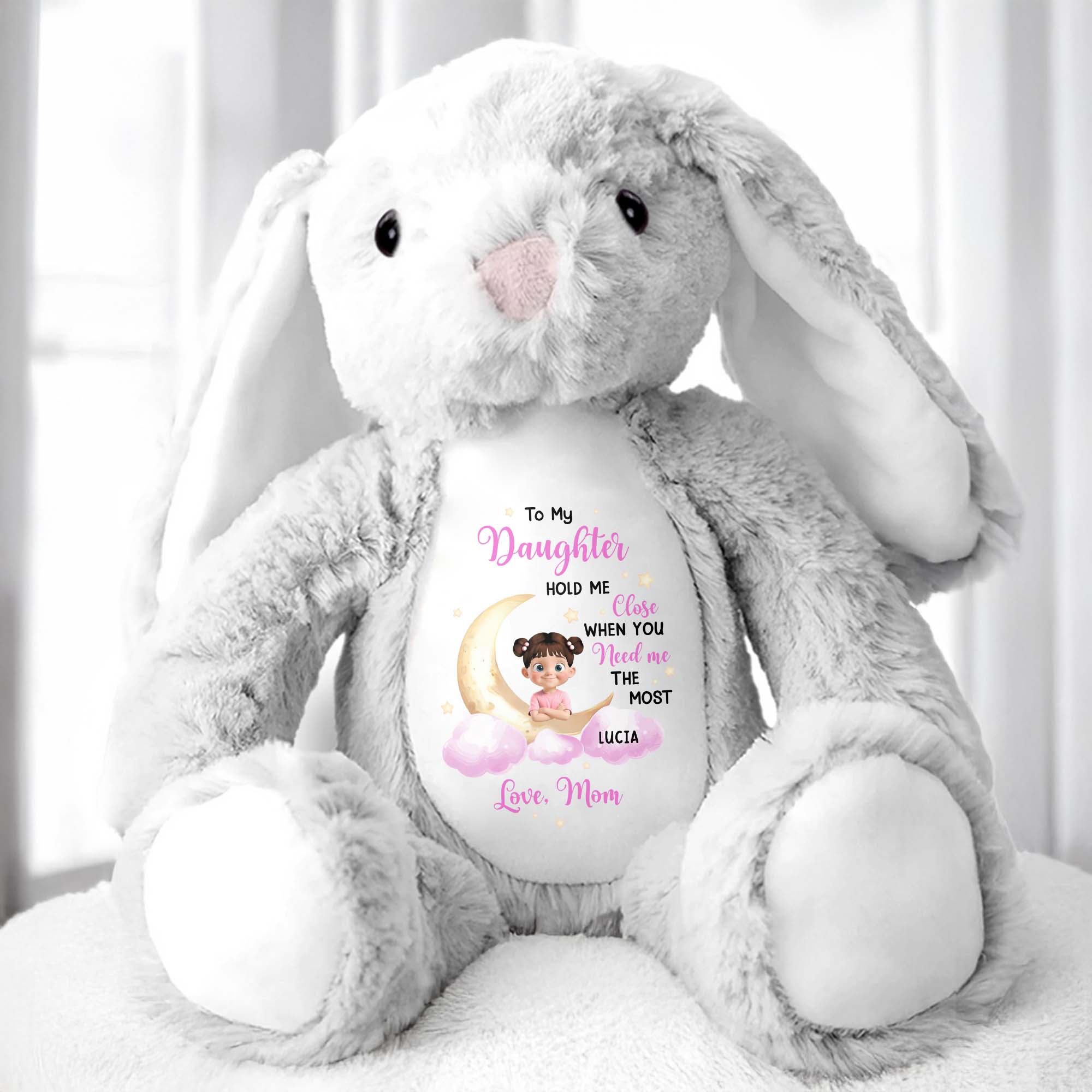 To My Daughter Hold Me Close, Stuffed Bunny, Moon and Clouds - Personalized Stuffed Bunny - KID042_BUN